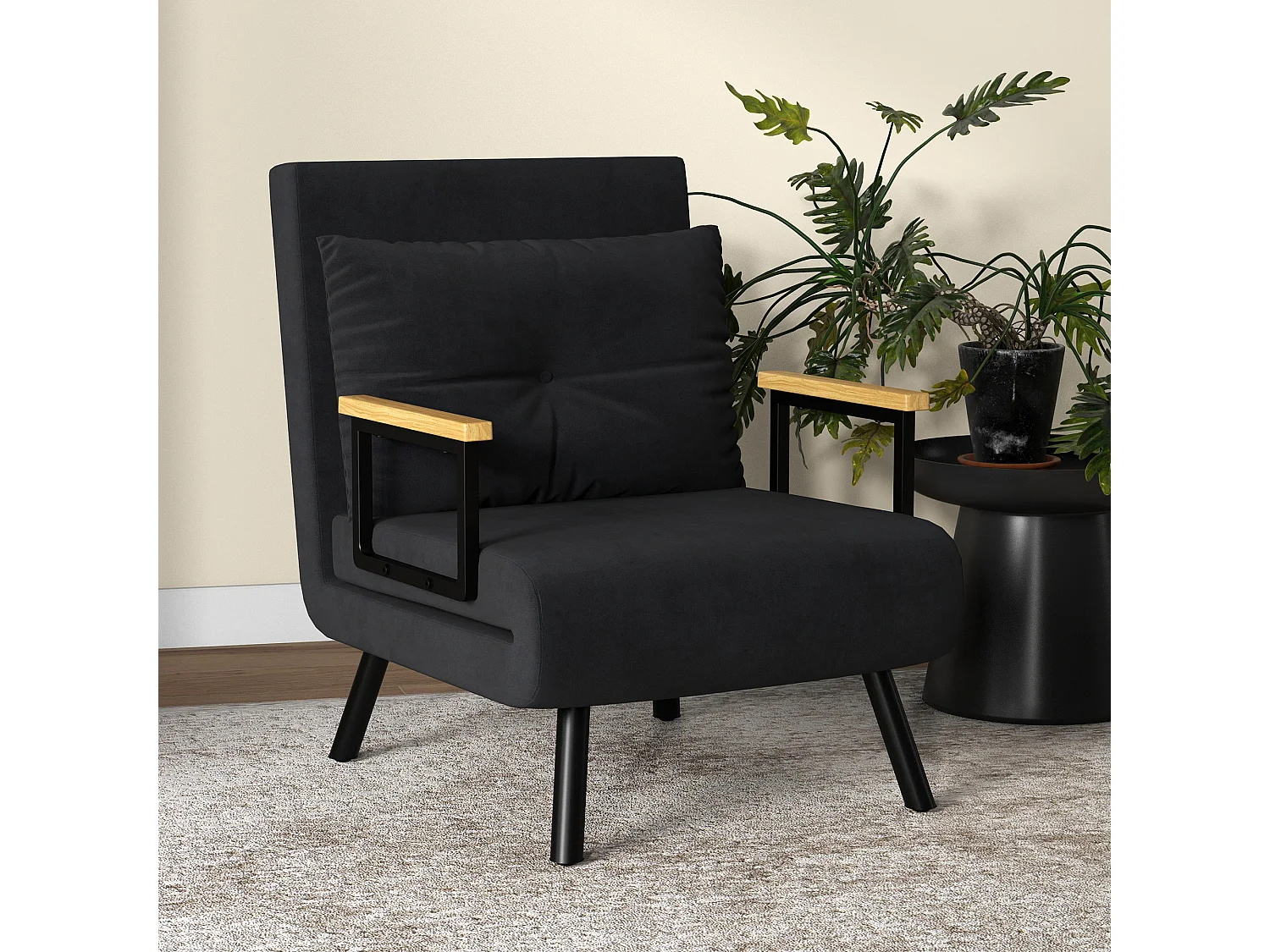 Fauteuil convertible 3 en 1 chauffeuse lit dossier réglable coussin accoudoirs bois velours noir