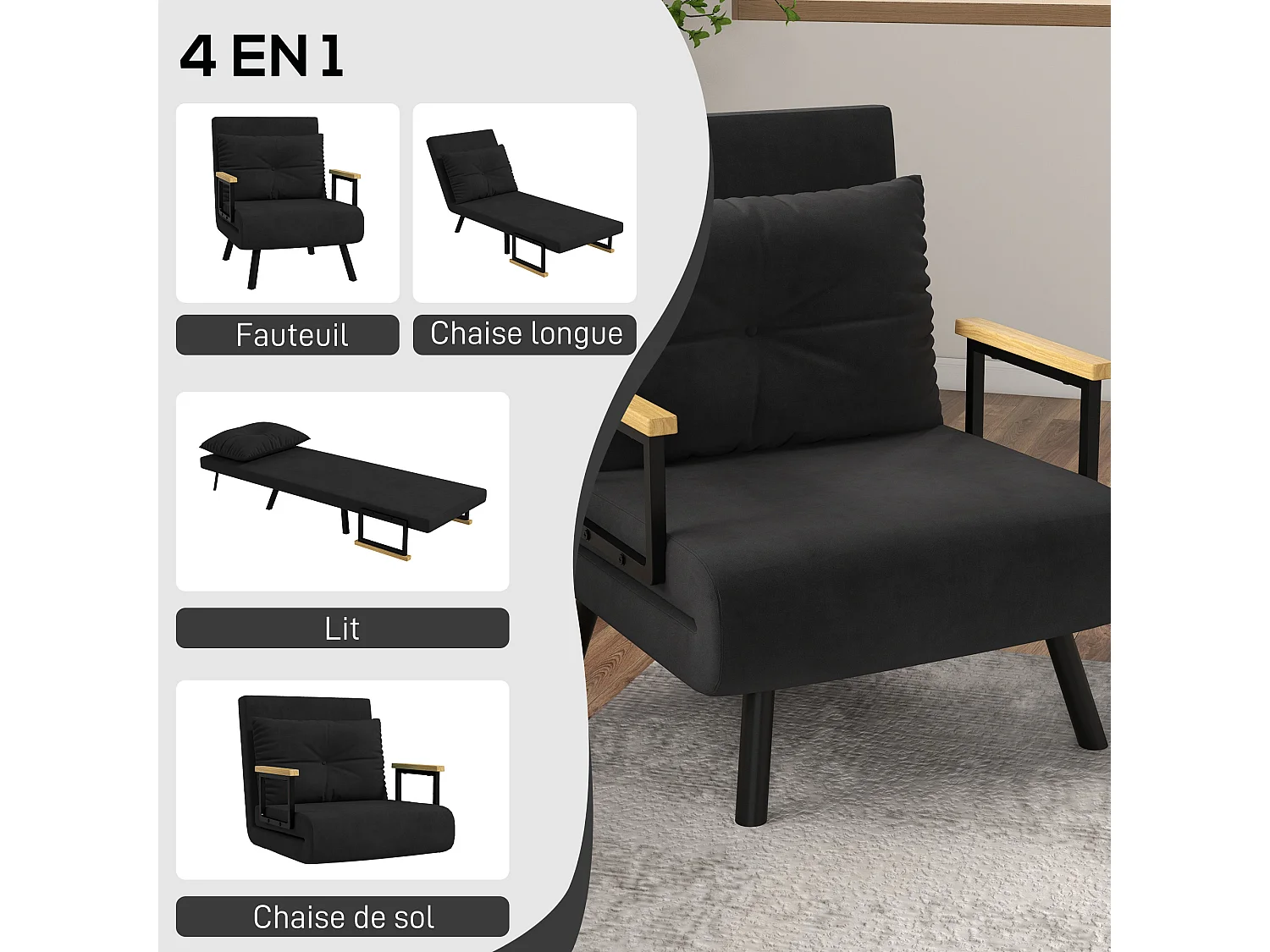 Fauteuil convertible 3 en 1 chauffeuse lit dossier réglable coussin accoudoirs bois velours noir