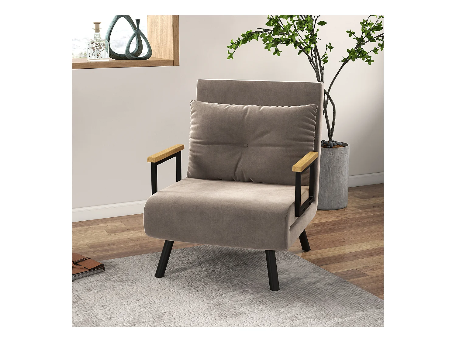 Fauteuil convertible 3 en 1 chauffeuse lit dossier réglable coussin accoudoirs bois velours gris