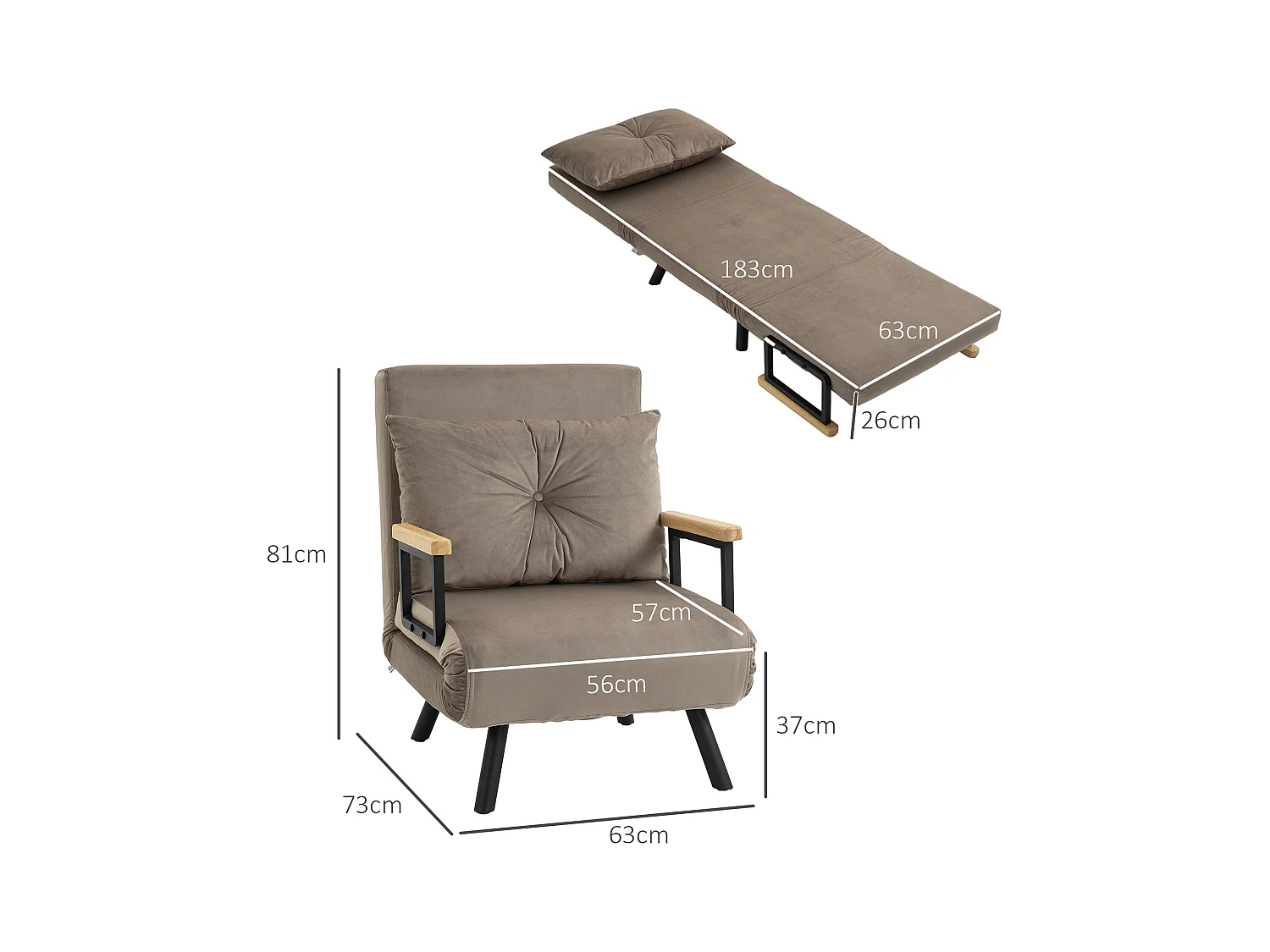 Fauteuil convertible 3 en 1 chauffeuse lit dossier réglable coussin accoudoirs bois velours gris