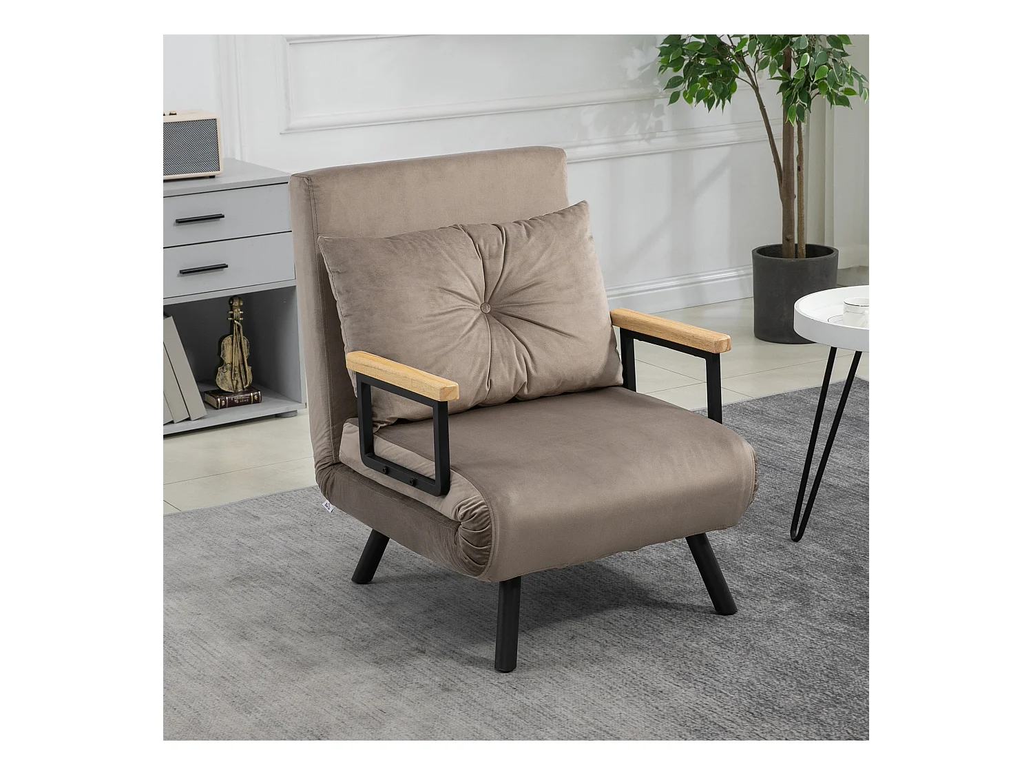 Fauteuil convertible 3 en 1 chauffeuse lit dossier réglable coussin accoudoirs bois velours gris