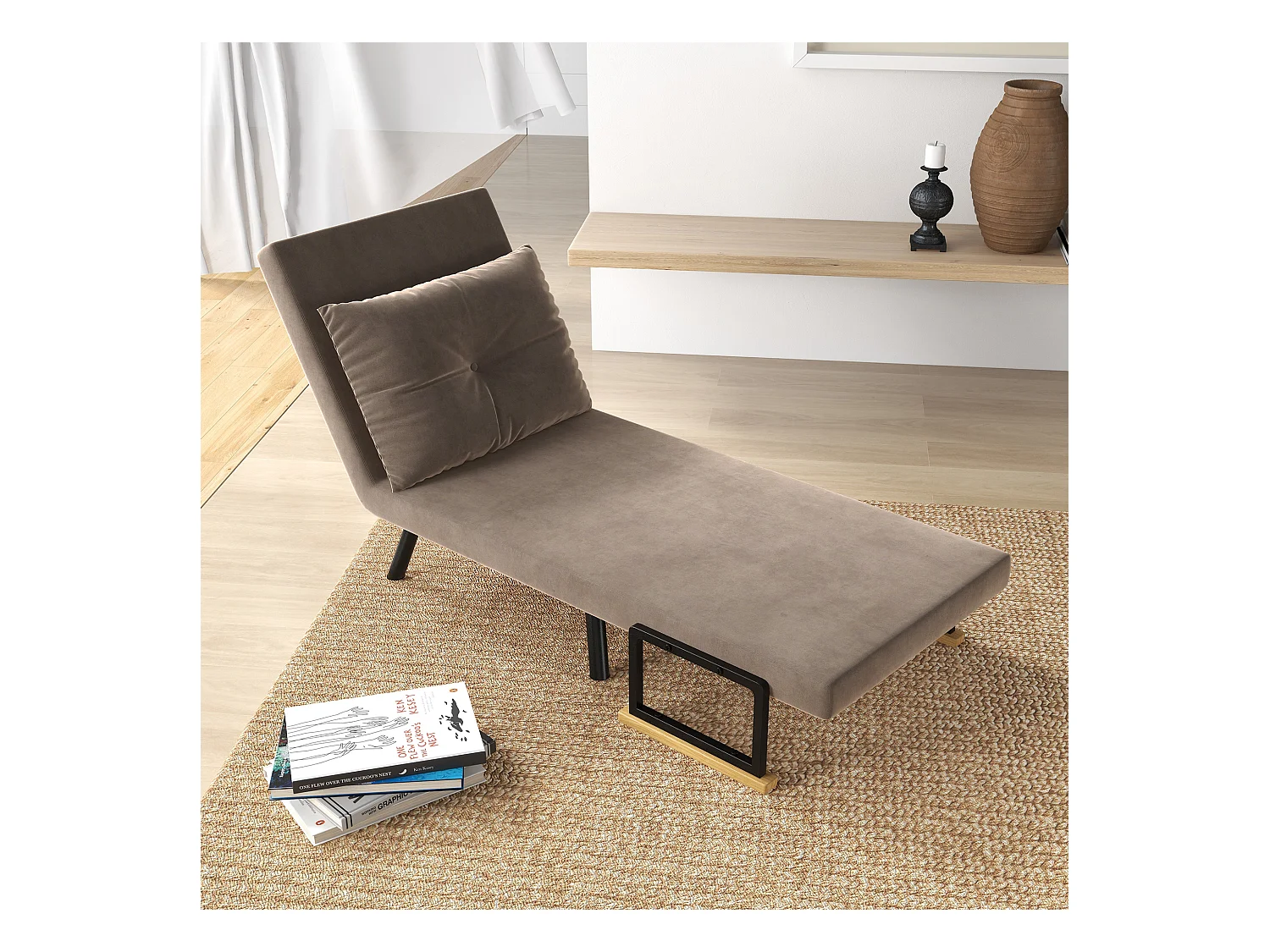 Fauteuil convertible 3 en 1 chauffeuse lit dossier réglable coussin accoudoirs bois velours gris