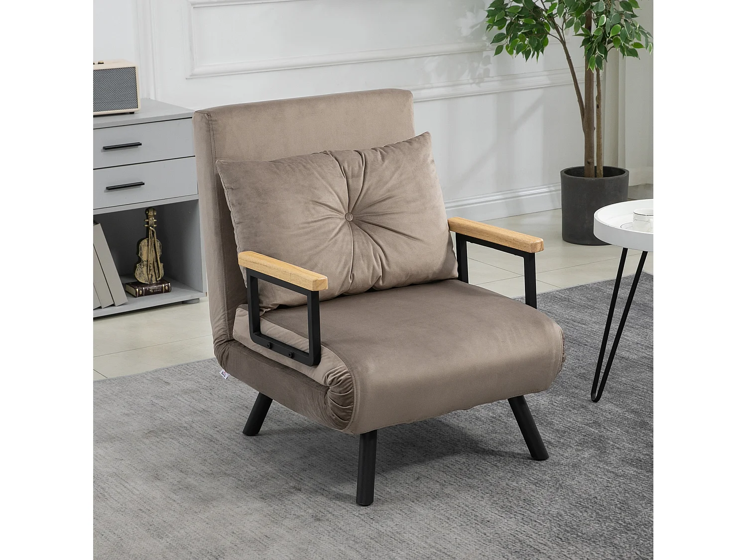 Fauteuil convertible 3 en 1 chauffeuse lit dossier réglable coussin accoudoirs bois velours gris