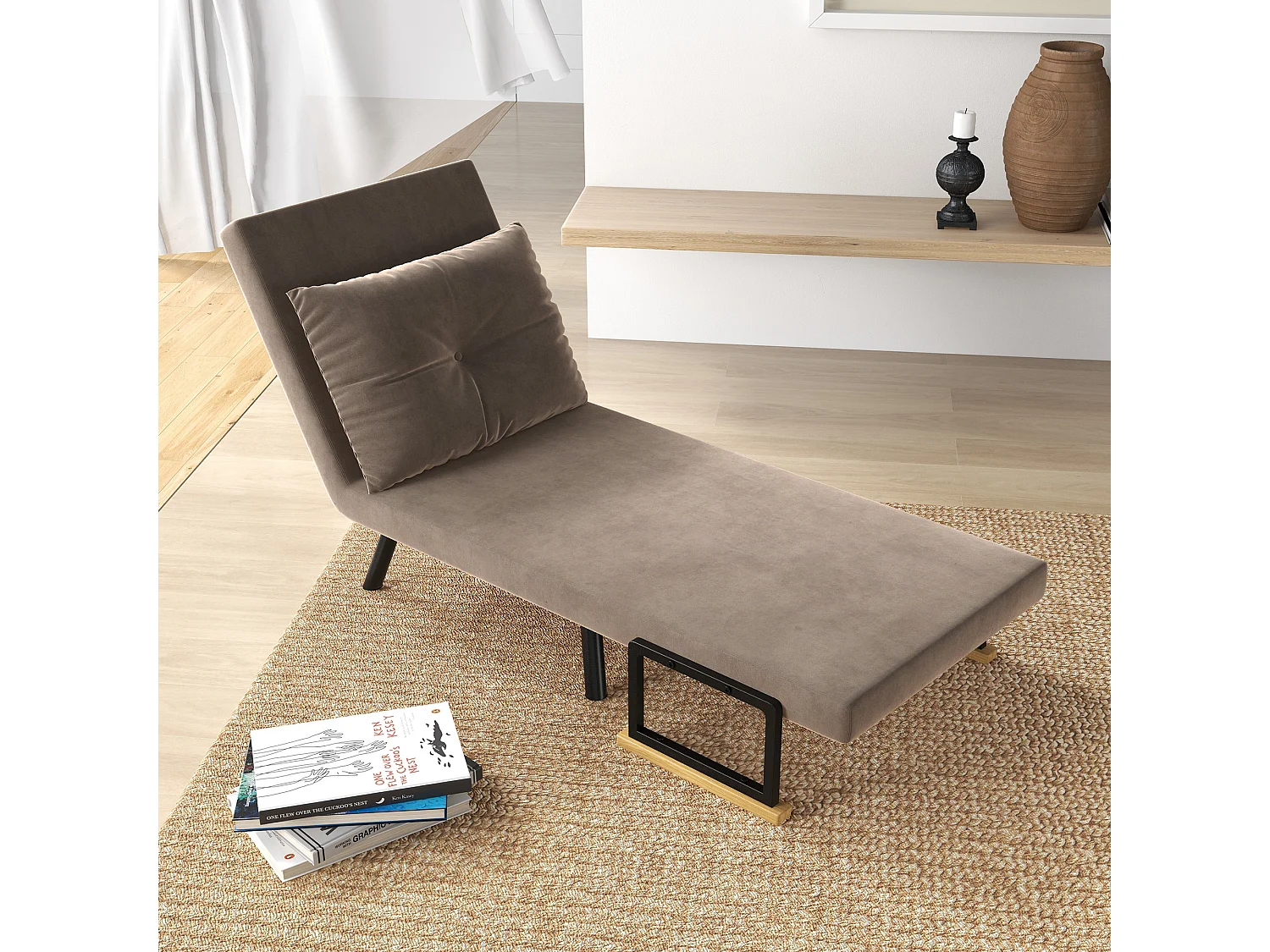 Fauteuil convertible 3 en 1 chauffeuse lit dossier réglable coussin accoudoirs bois velours gris