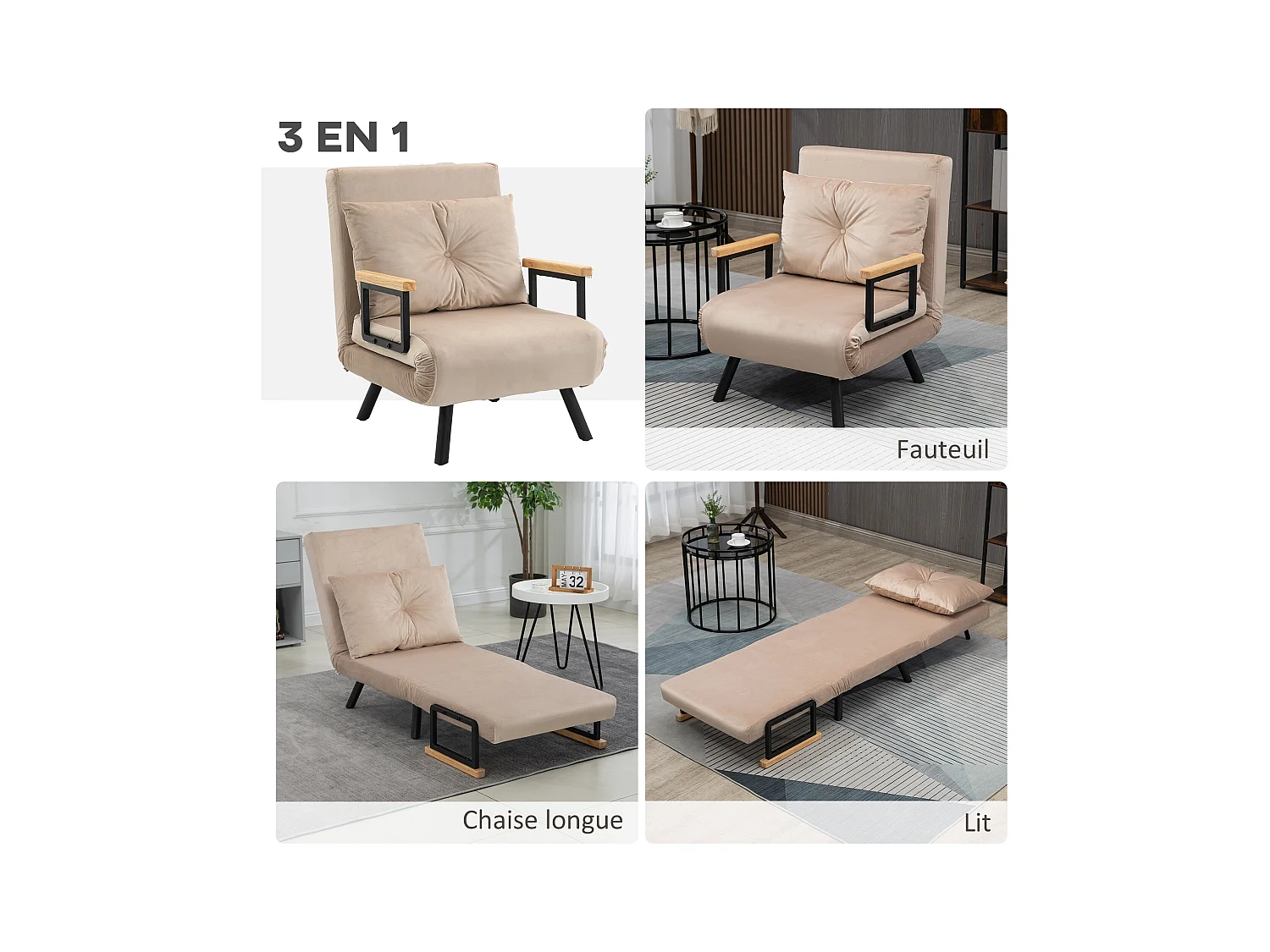 Fauteuil convertible 3 en 1 chauffeuse lit dossier réglable coussin accoudoirs bois velours beige