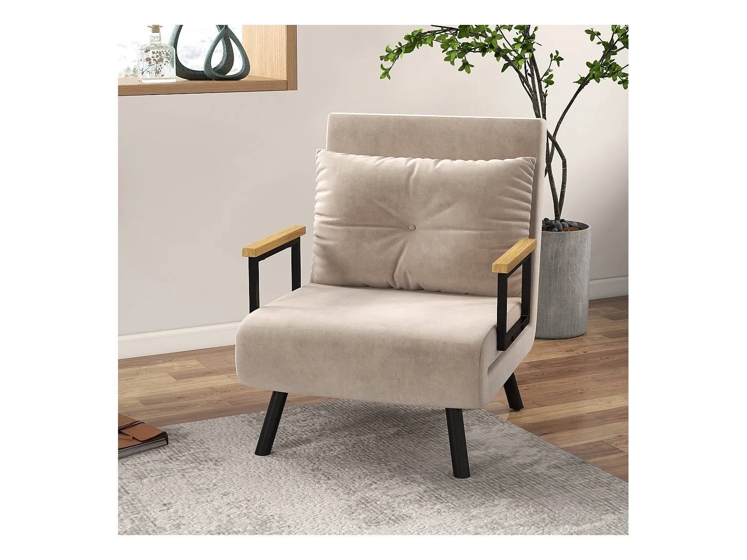 Fauteuil convertible 3 en 1 chauffeuse lit dossier réglable coussin accoudoirs bois velours beige