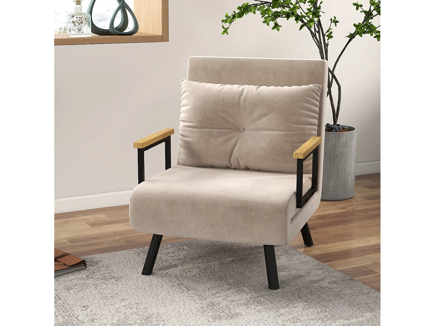 Fauteuil convertible 3 en 1 chauffeuse lit dossier réglable coussin accoudoirs bois velours beige