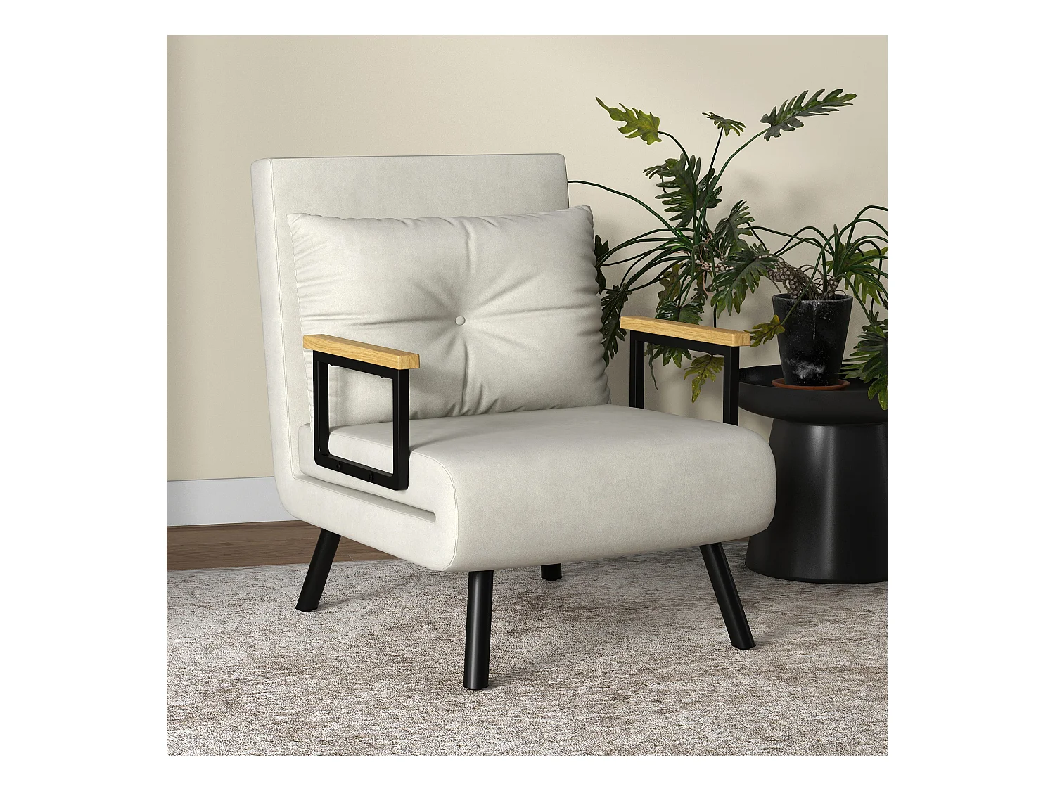 Fauteuil convertible 3 en 1 chauffeuse lit dossier réglable coussin accoudoirs bois velours crème