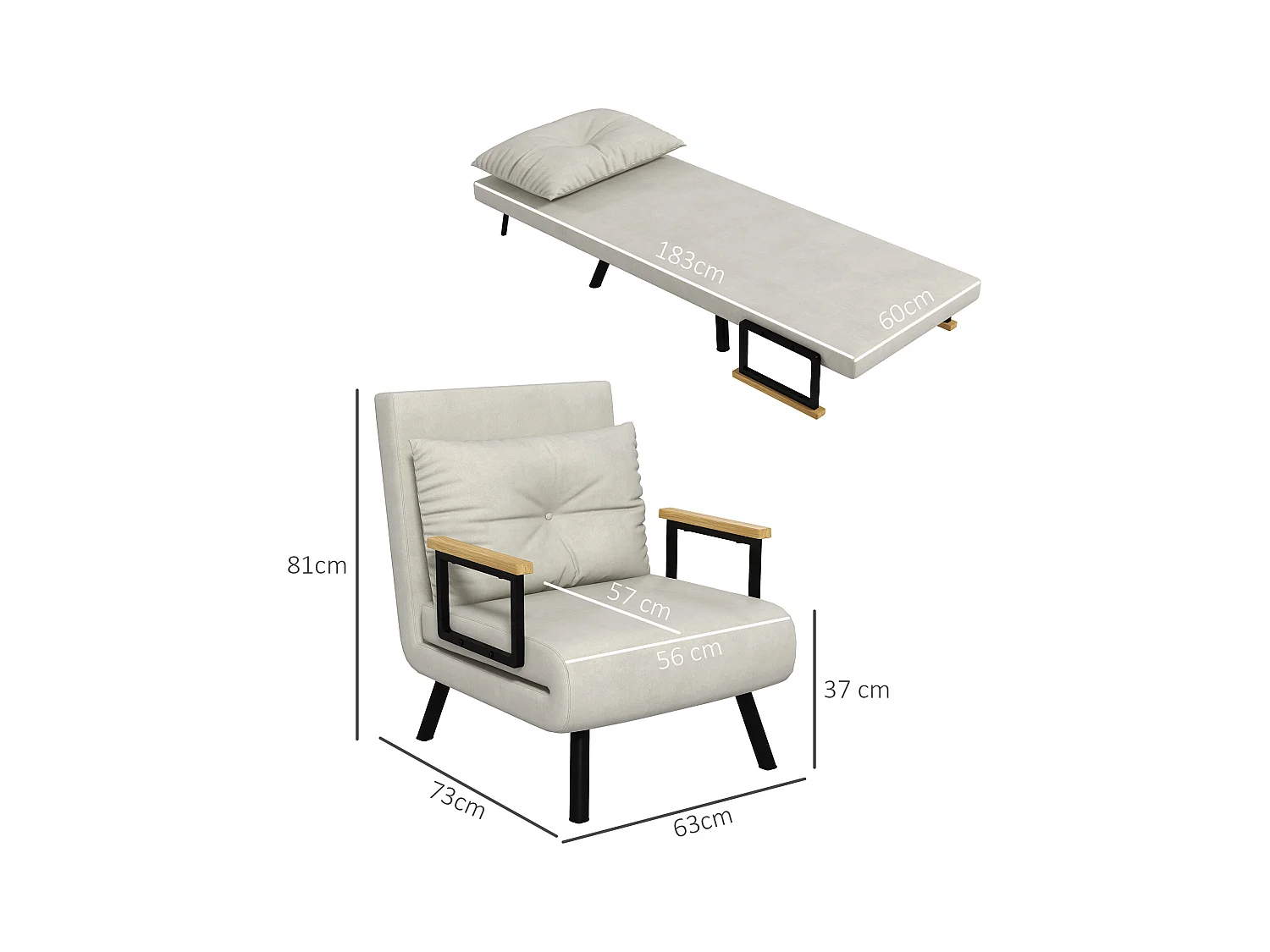 Fauteuil convertible 3 en 1 chauffeuse lit dossier réglable coussin accoudoirs bois velours crème