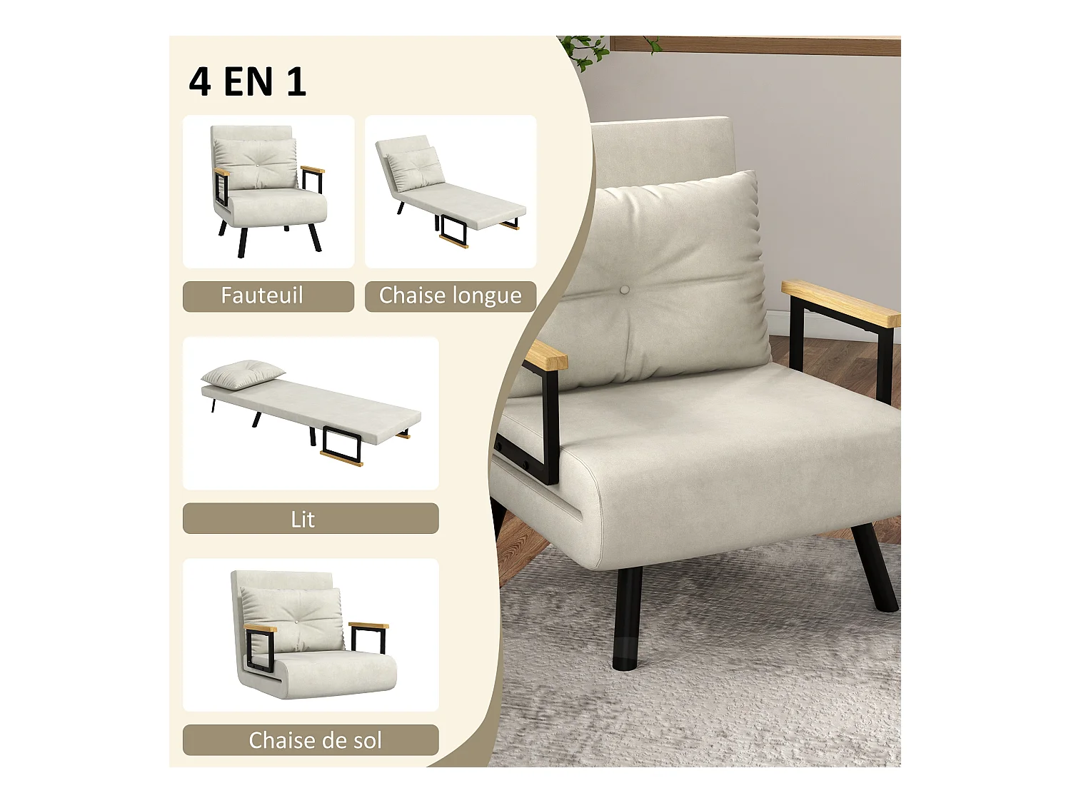 Fauteuil convertible 3 en 1 chauffeuse lit dossier réglable coussin accoudoirs bois velours crème