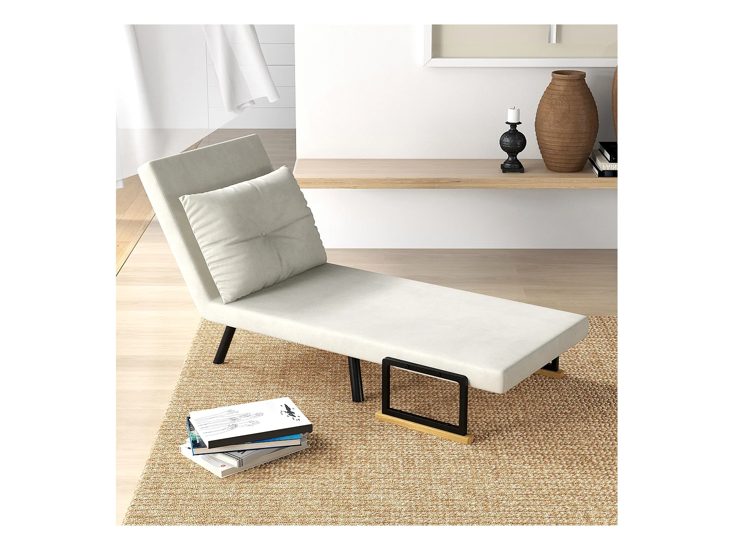 Fauteuil convertible 3 en 1 chauffeuse lit dossier réglable coussin accoudoirs bois velours crème