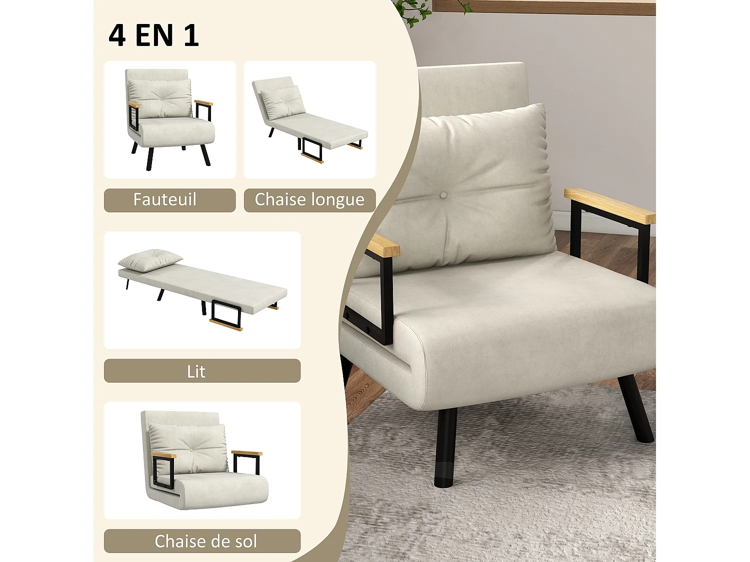 Fauteuil convertible 3 en 1 chauffeuse lit dossier réglable coussin accoudoirs bois velours crème