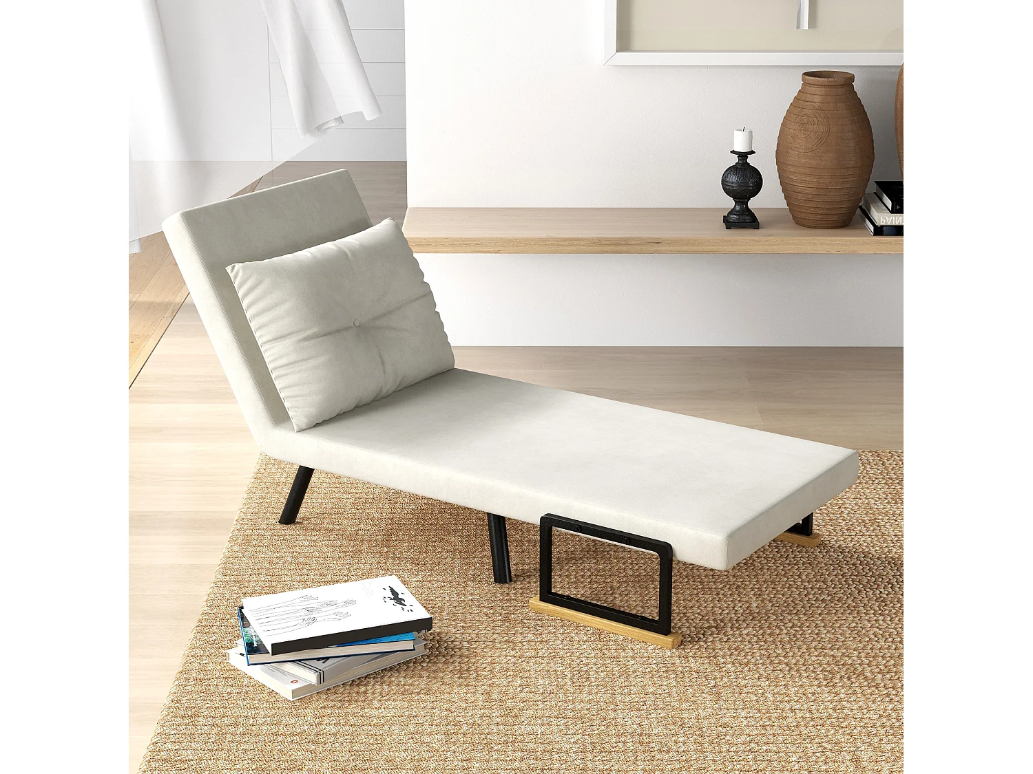 Fauteuil convertible 3 en 1 chauffeuse lit dossier réglable coussin accoudoirs bois velours crème