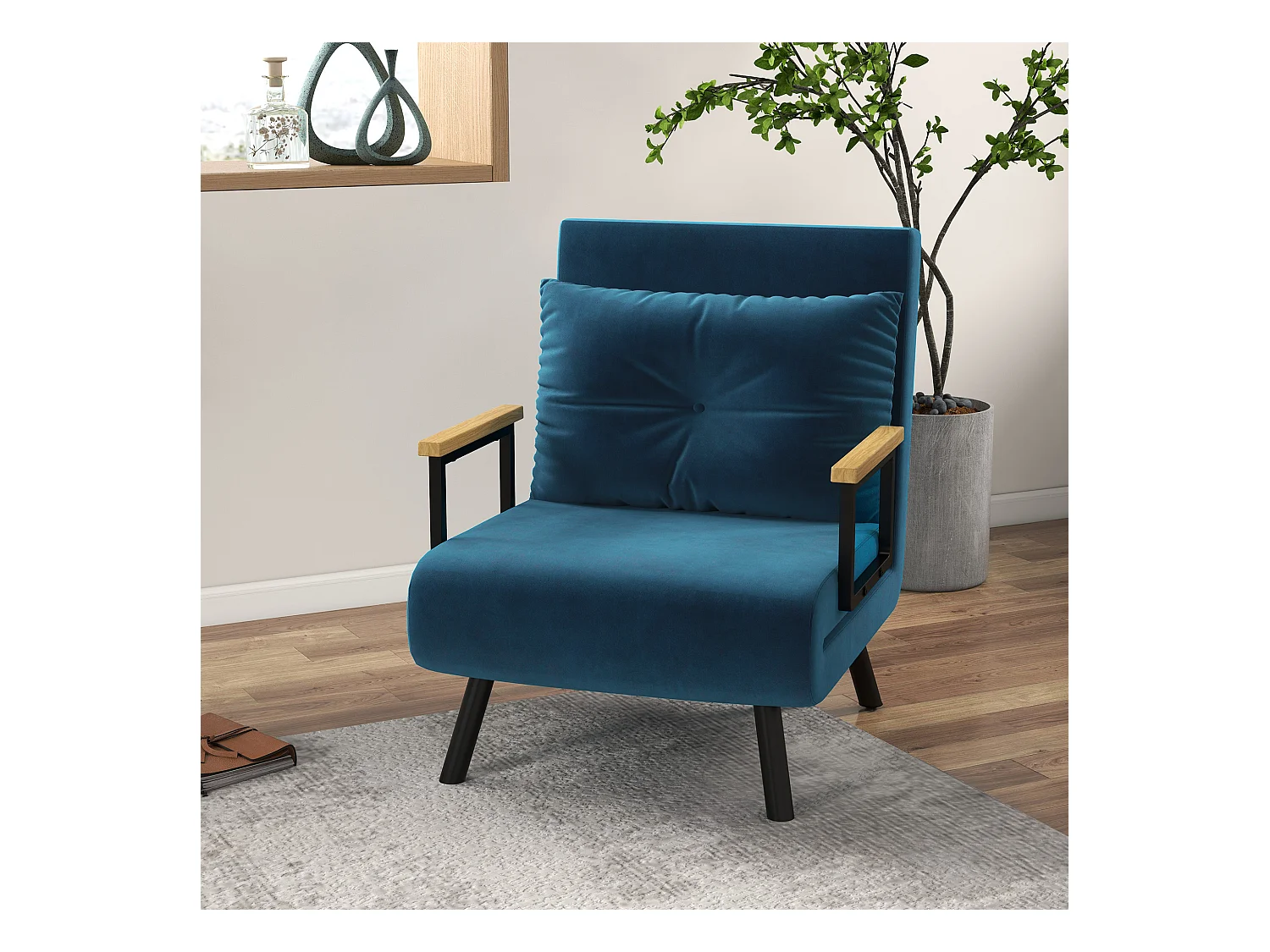 Fauteuil convertible 3 en 1 chauffeuse lit dossier réglable coussin accoudoirs bois velours bleu