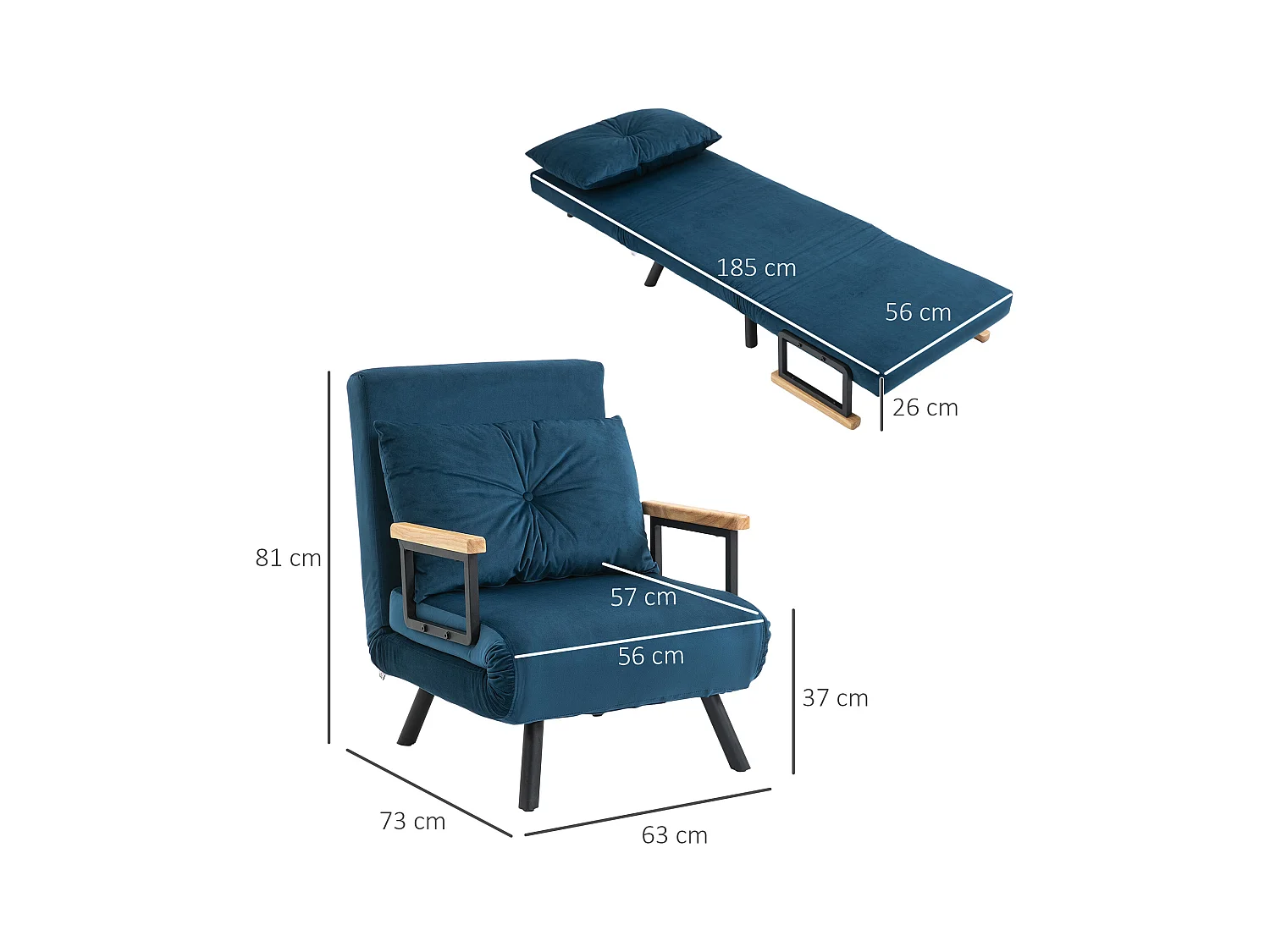 Fauteuil convertible 3 en 1 chauffeuse lit dossier réglable coussin accoudoirs bois velours bleu