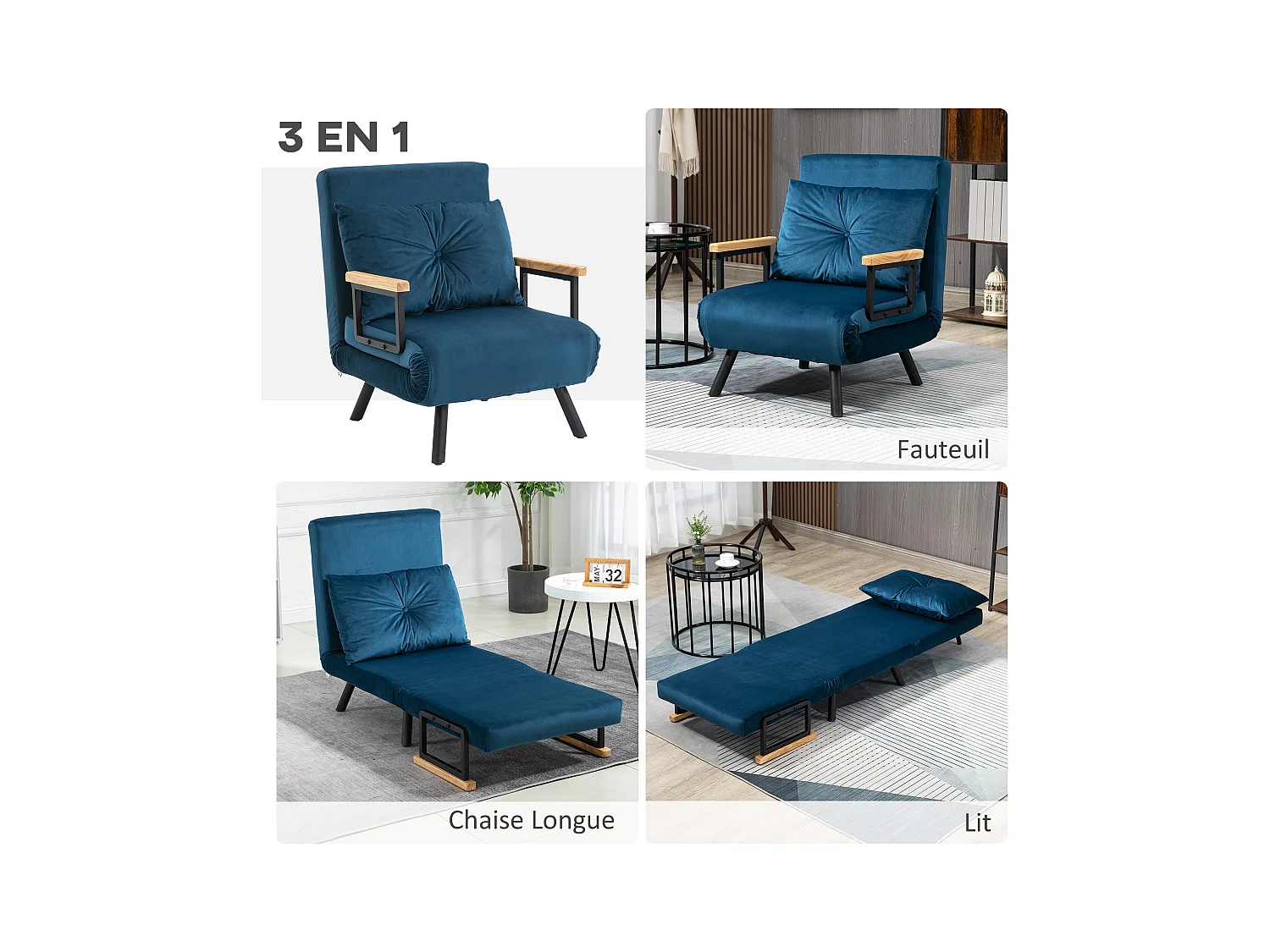 Fauteuil convertible 3 en 1 chauffeuse lit dossier réglable coussin accoudoirs bois velours bleu