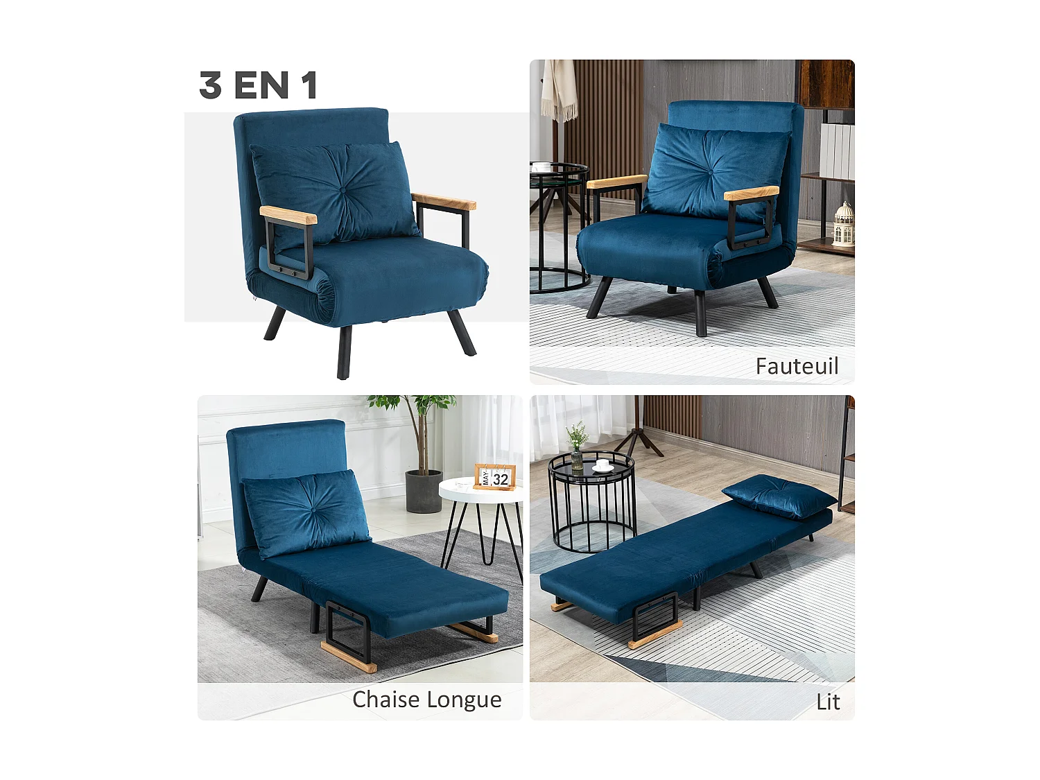 Fauteuil convertible 3 en 1 chauffeuse lit dossier réglable coussin accoudoirs bois velours bleu