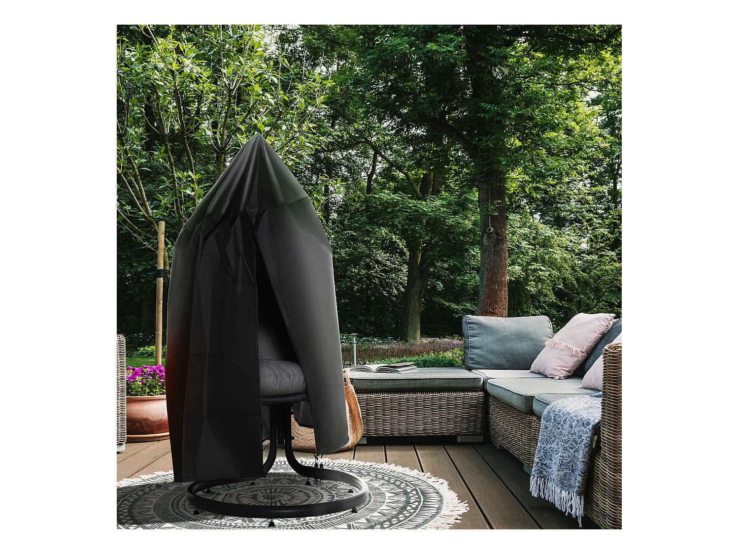 Housse fauteuil suspendu zippée cordon de serrage - dia. 115 x 190H cm - Oxford 210D noir