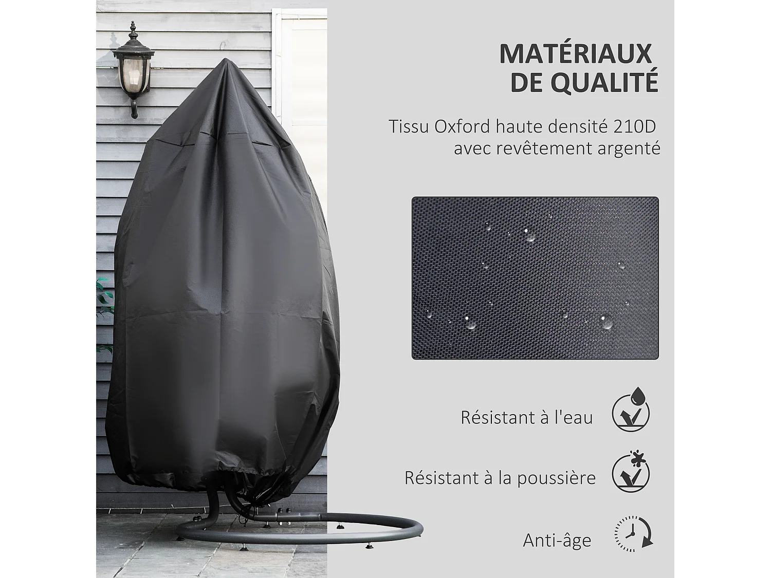 Housse fauteuil suspendu zippée cordon de serrage - dia. 115 x 190H cm - Oxford 210D noir