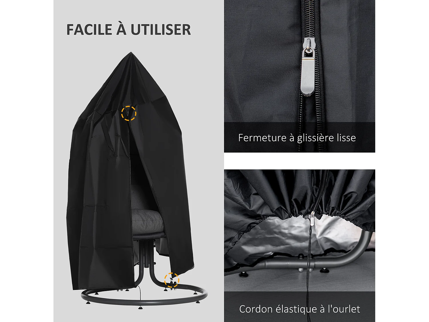 Housse fauteuil suspendu zippée cordon de serrage - dia. 115 x 190H cm - Oxford 210D noir