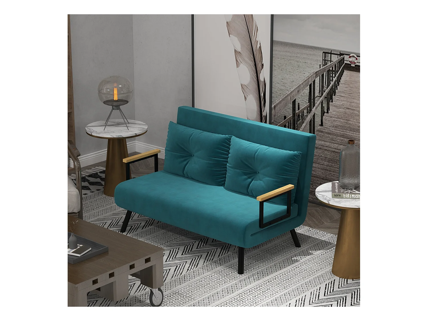 Canapé convertible 2 places canapé-lit dossier réglable 5 niv. 2 coussins revêtement effet velours bleu canard