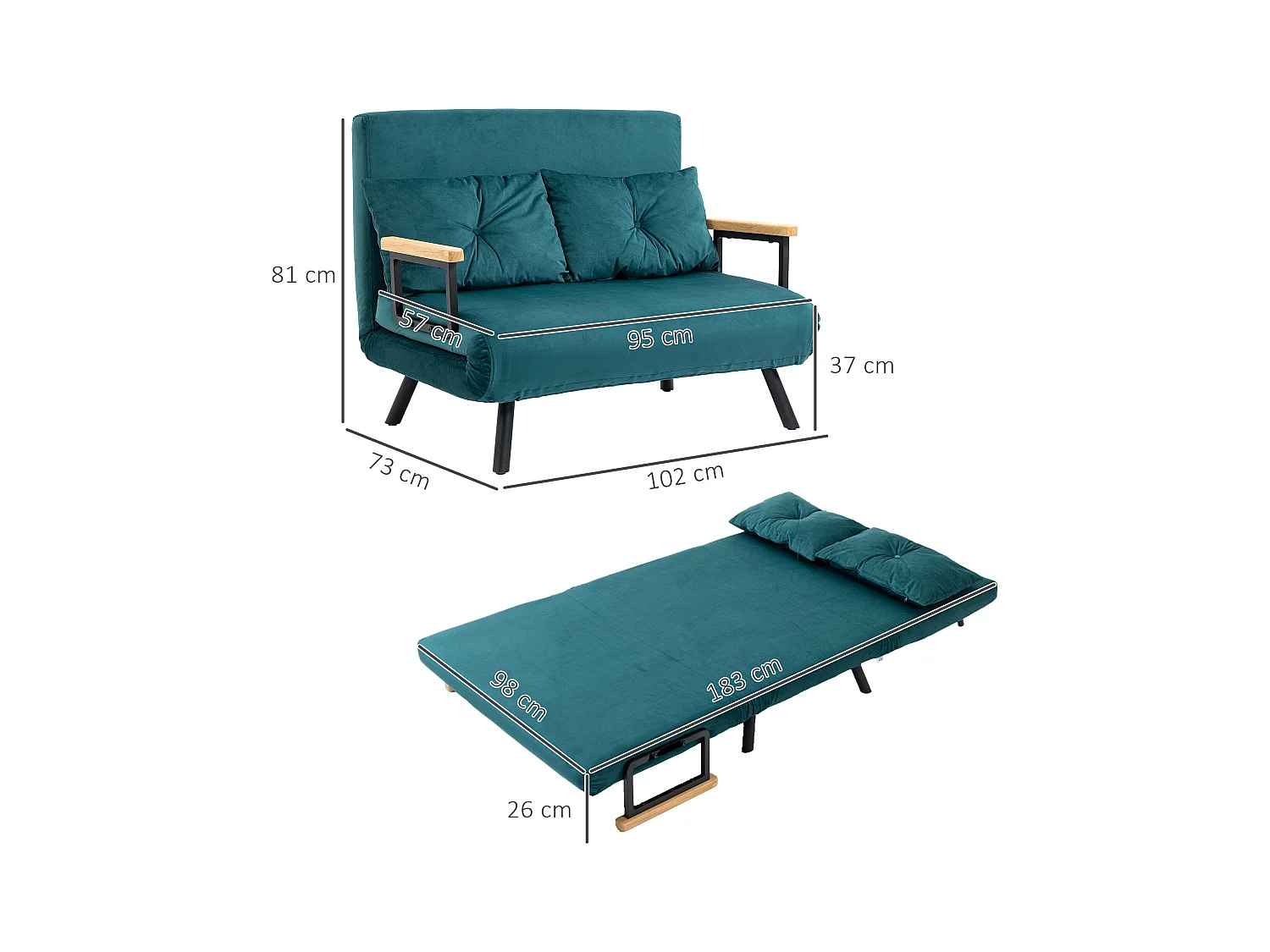 Canapé convertible 2 places canapé-lit dossier réglable 5 niv. 2 coussins revêtement effet velours bleu canard