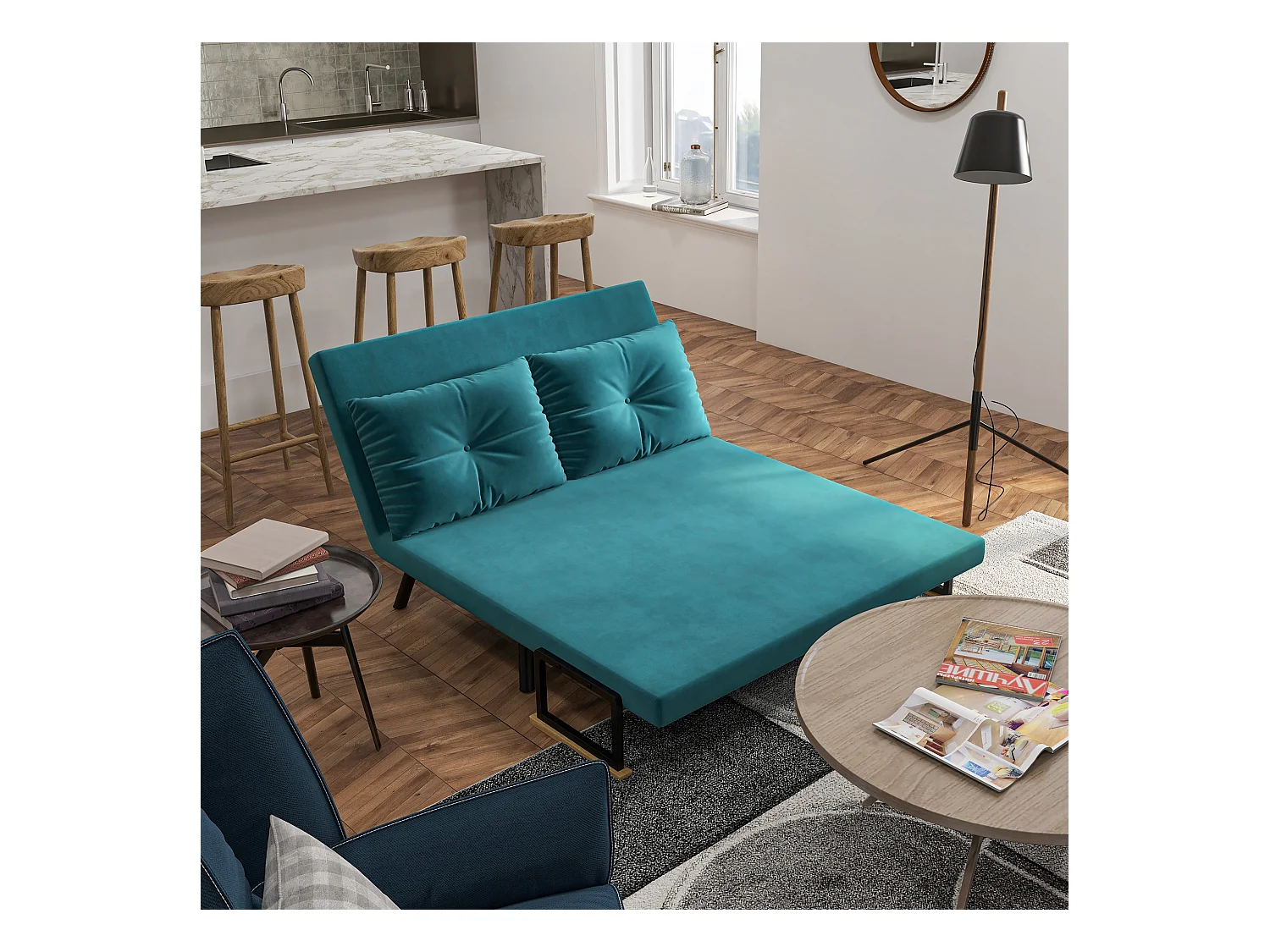 Canapé convertible 2 places canapé-lit dossier réglable 5 niv. 2 coussins revêtement effet velours bleu canard