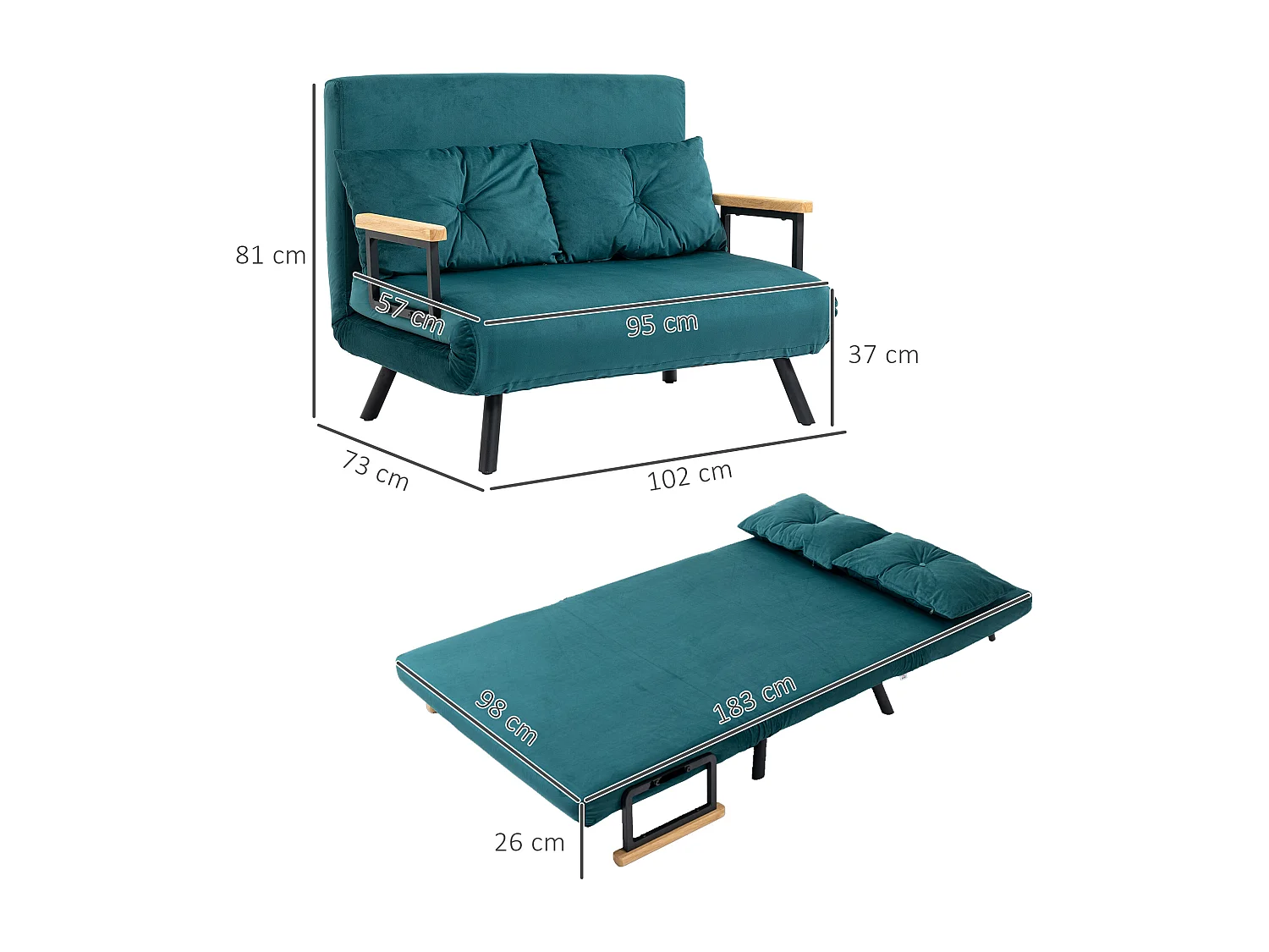 Canapé convertible 2 places canapé-lit dossier réglable 5 niv. 2 coussins revêtement effet velours bleu canard