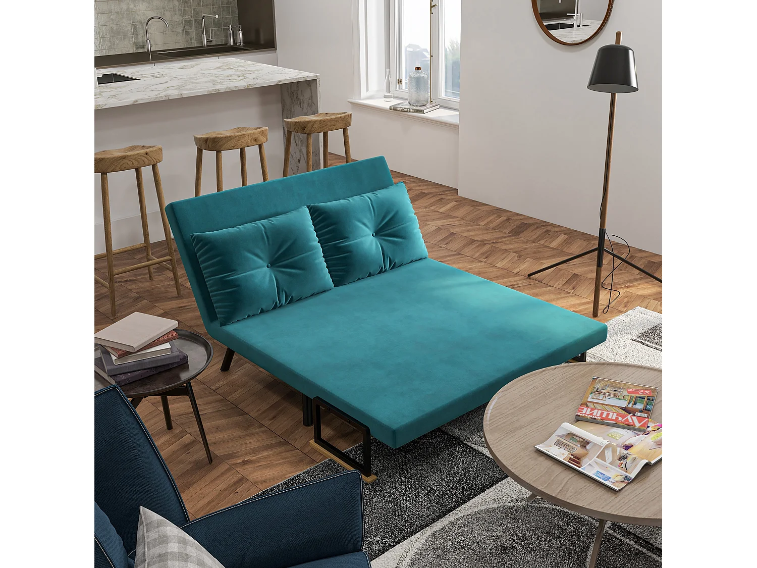 Canapé convertible 2 places canapé-lit dossier réglable 5 niv. 2 coussins revêtement effet velours bleu canard