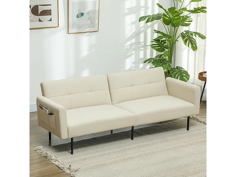 Canapé convertible 3 places dossier réglable poches latérales tissu touffeté beige