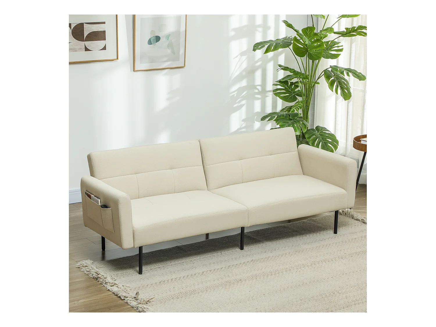 Canapé convertible 3 places dossier réglable poches latérales tissu touffeté beige