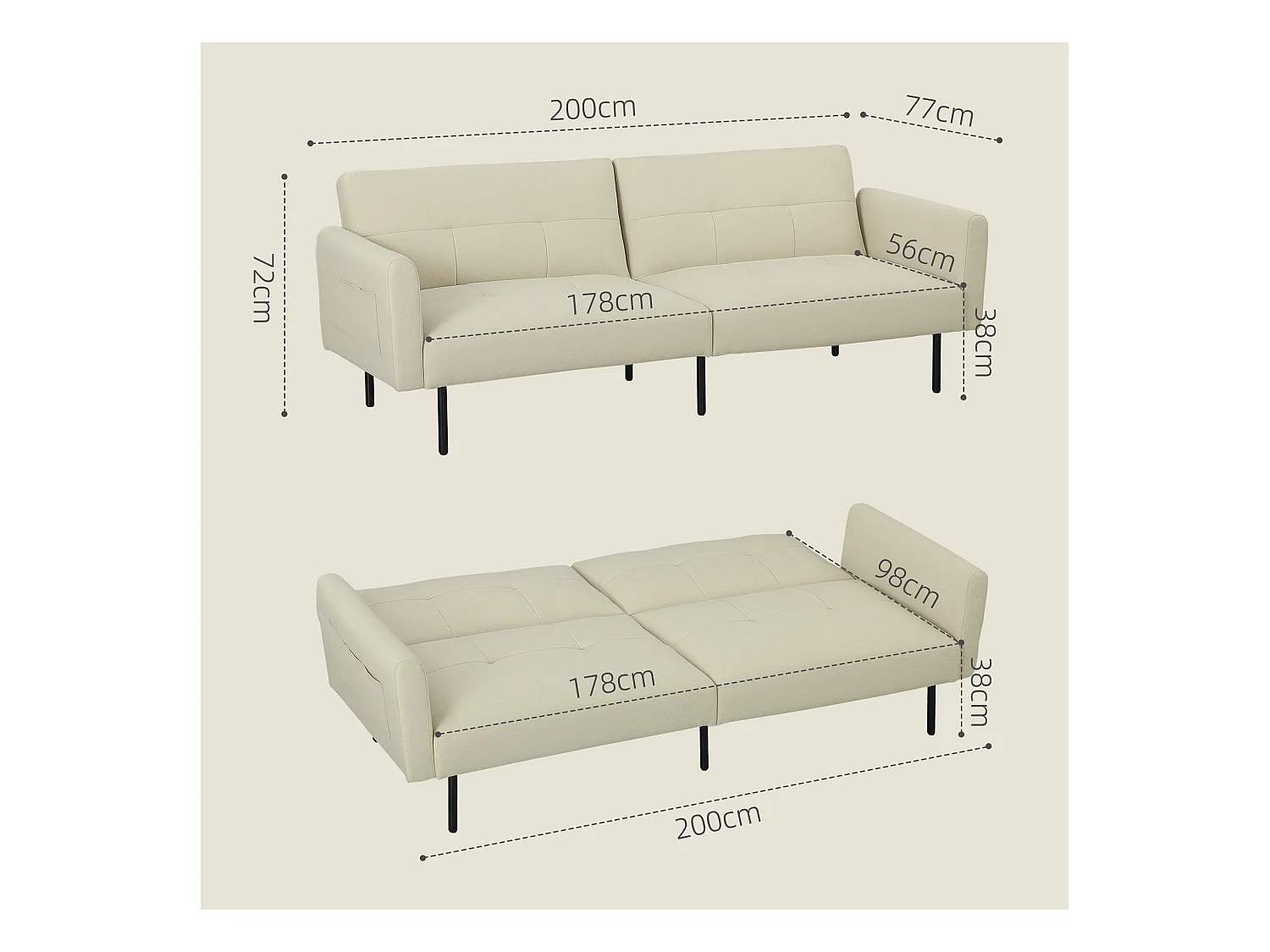 Canapé convertible 3 places dossier réglable poches latérales tissu touffeté beige