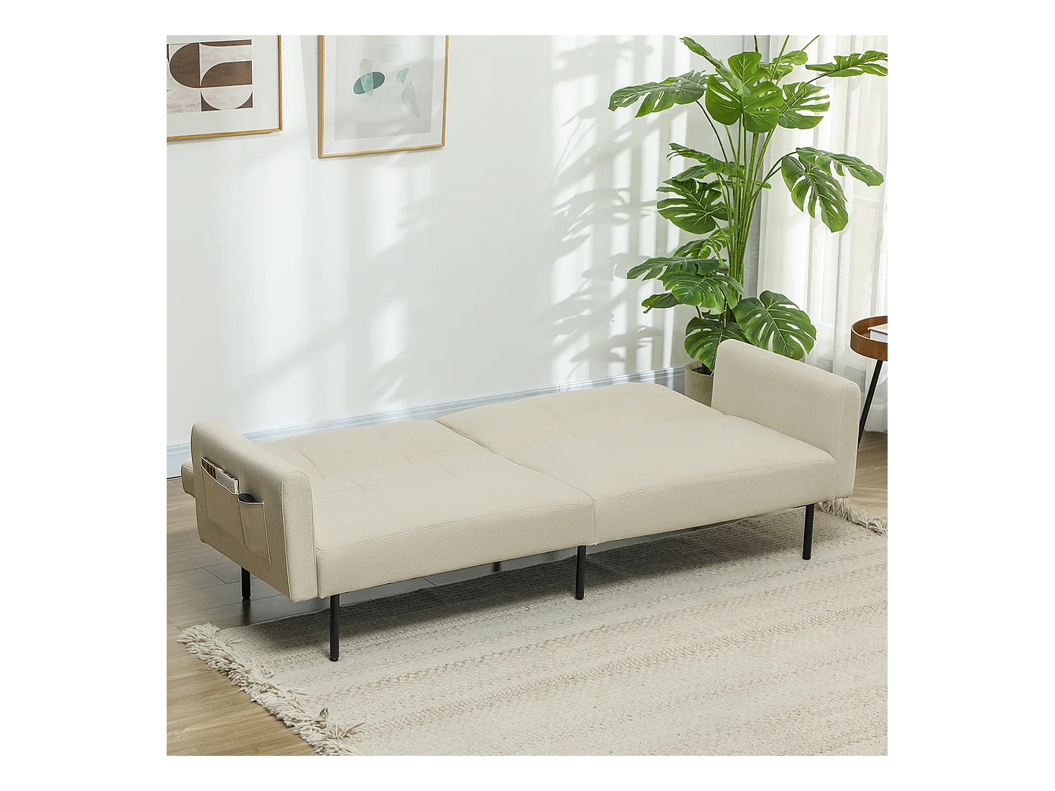 Canapé convertible 3 places dossier réglable poches latérales tissu touffeté beige