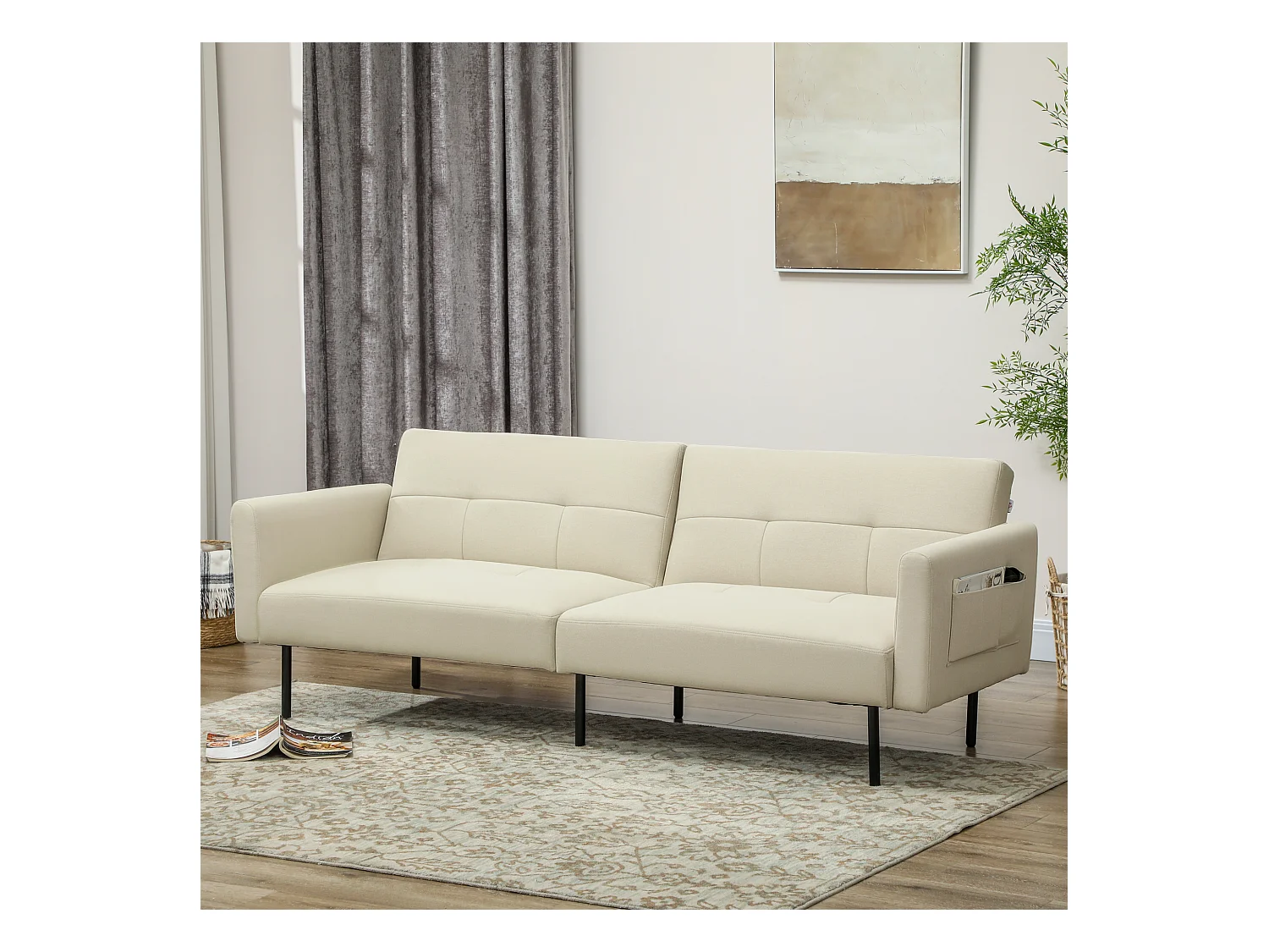 Canapé convertible 3 places dossier réglable poches latérales tissu touffeté beige