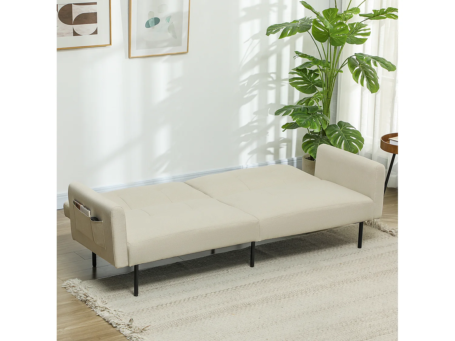 Canapé convertible 3 places dossier réglable poches latérales tissu touffeté beige