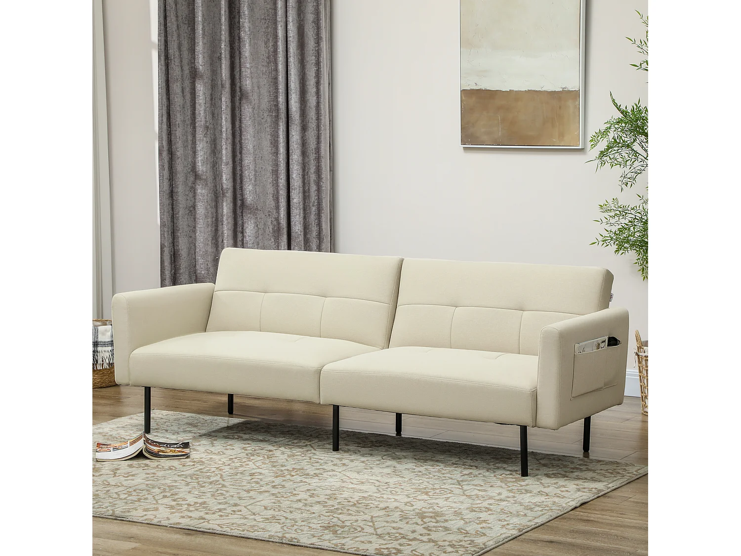 Canapé convertible 3 places dossier réglable poches latérales tissu touffeté beige