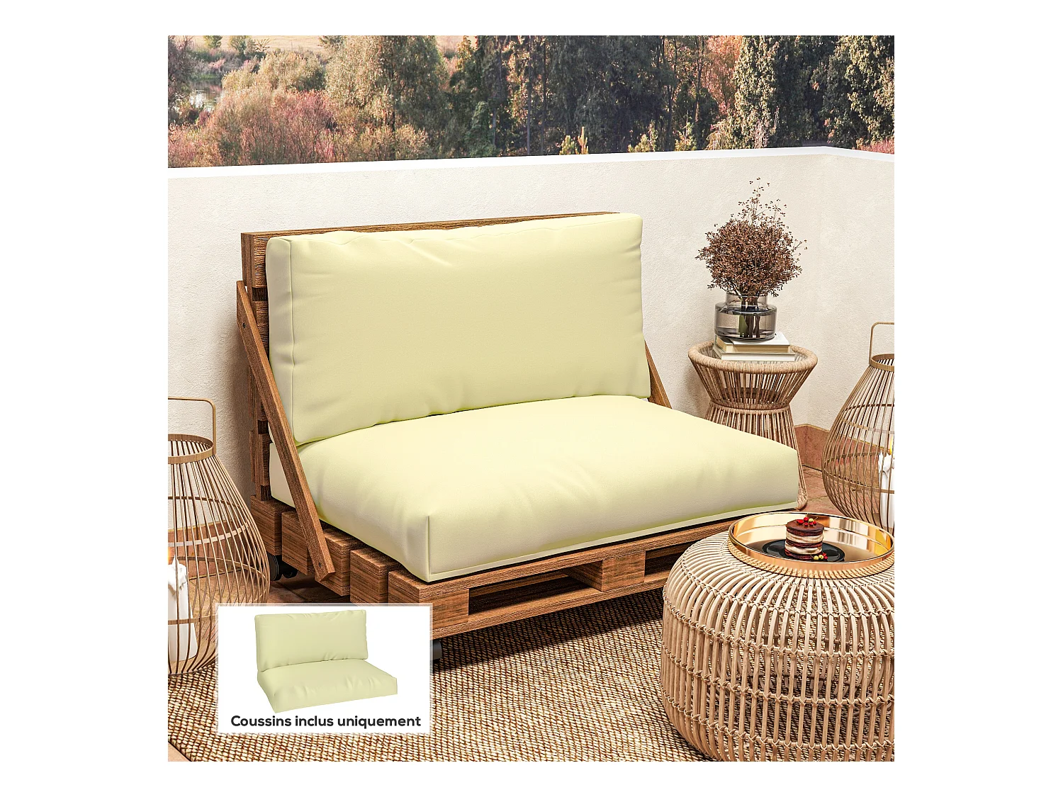 Coussins palette 2 places - coussins de palettes assise 120 x 80 cm dossier 120 x 45 cm - épaisseur 20 cm - tissu écru