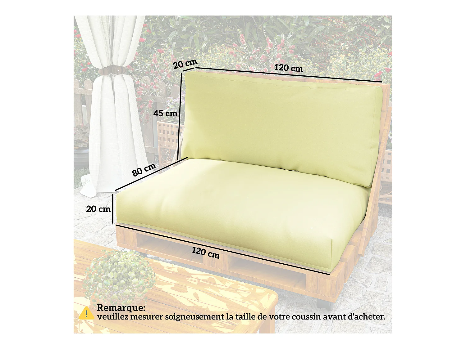 Coussins palette 2 places - coussins de palettes assise 120 x 80 cm dossier 120 x 45 cm - épaisseur 20 cm - tissu écru