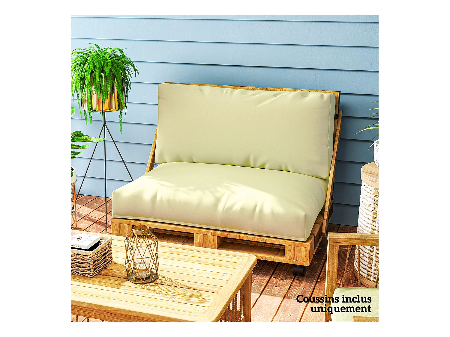 Coussins palette 2 places - coussins de palettes assise 120 x 80 cm dossier 120 x 45 cm - épaisseur 20 cm - tissu écru