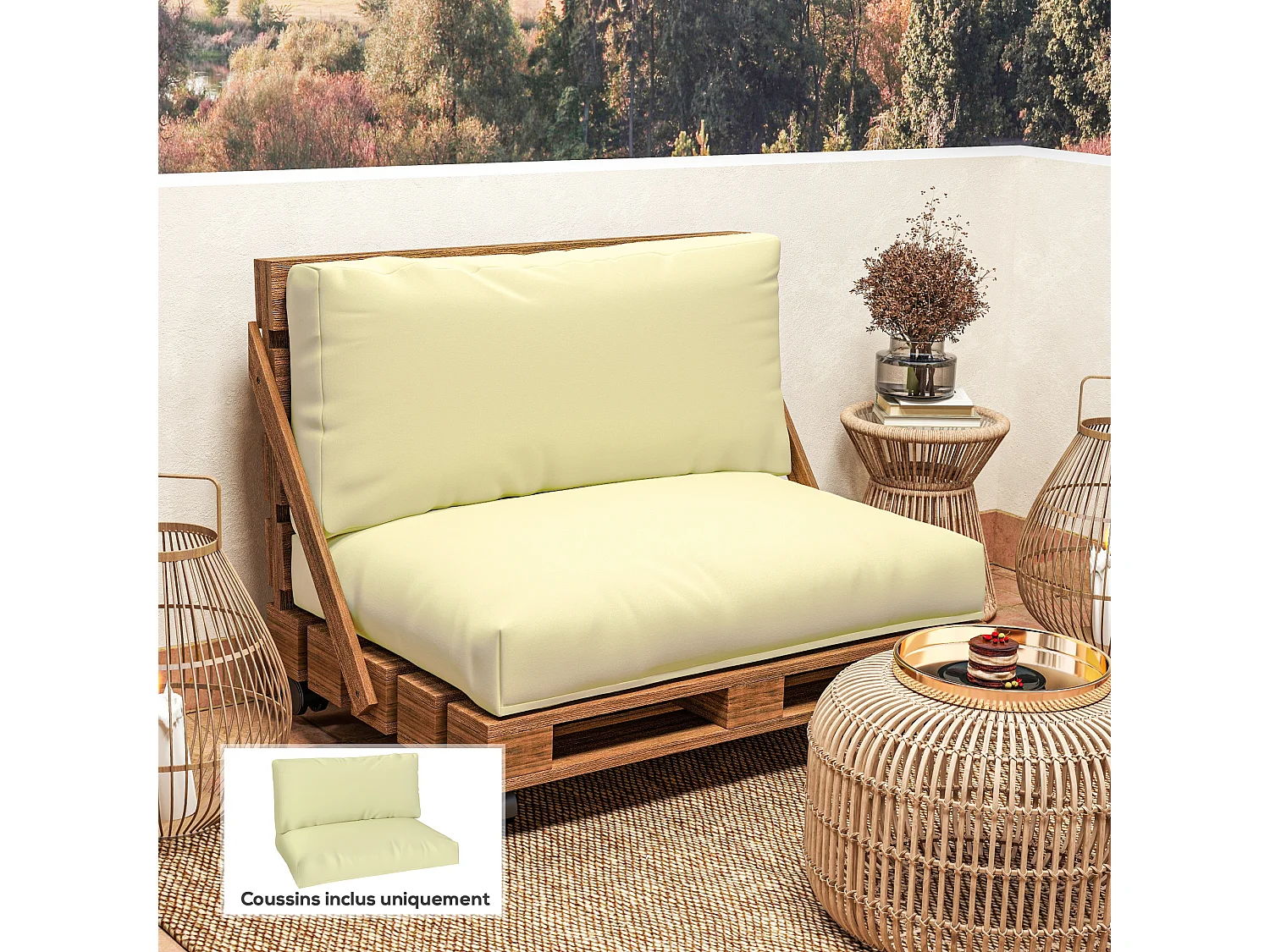 Coussins palette 2 places - coussins de palettes assise 120 x 80 cm dossier 120 x 45 cm - épaisseur 20 cm - tissu écru