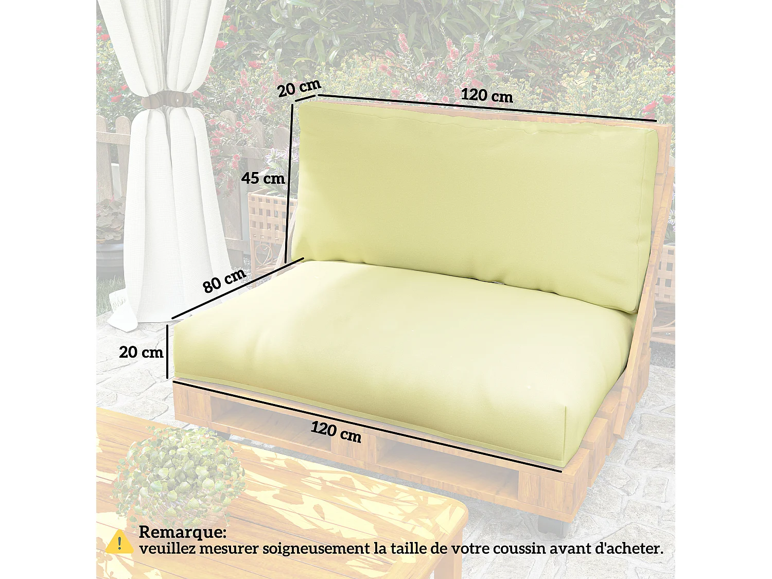 Coussins palette 2 places - coussins de palettes assise 120 x 80 cm dossier 120 x 45 cm - épaisseur 20 cm - tissu écru