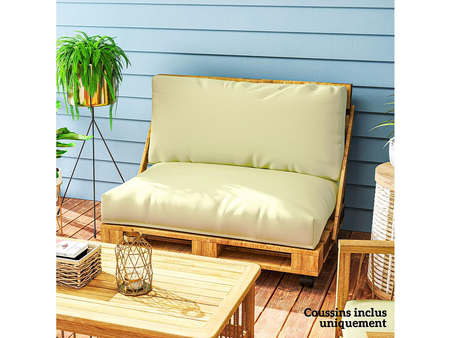 Coussins palette 2 places - coussins de palettes assise 120 x 80 cm dossier 120 x 45 cm - épaisseur 20 cm - tissu écru