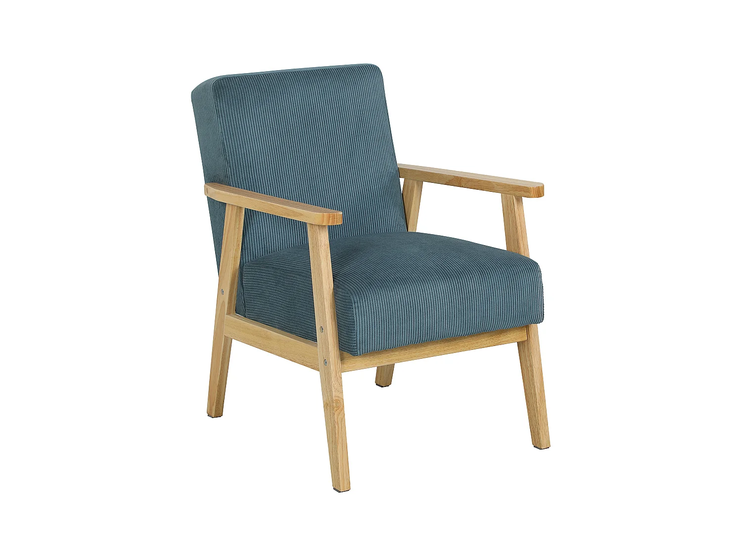 Fauteuil lounge style nordique piètement structure accoudoirs bois hévéa velours côtelé bleu