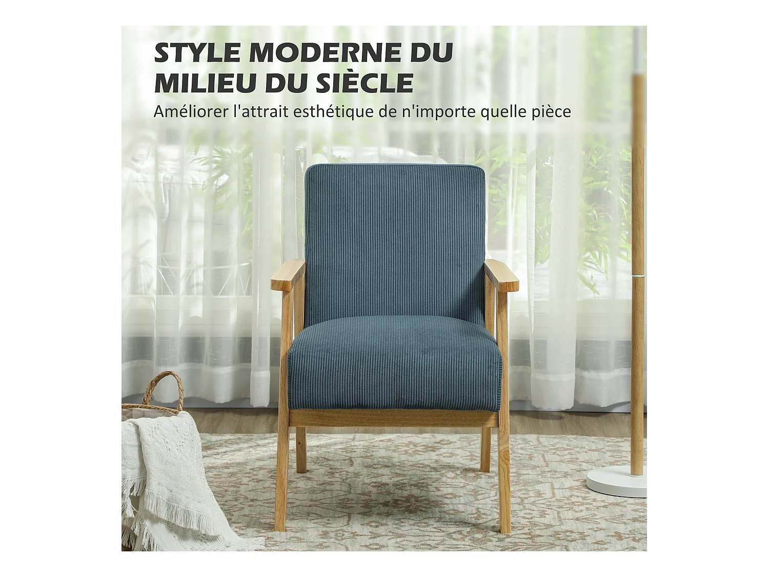 Fauteuil lounge style nordique piètement structure accoudoirs bois hévéa velours côtelé bleu