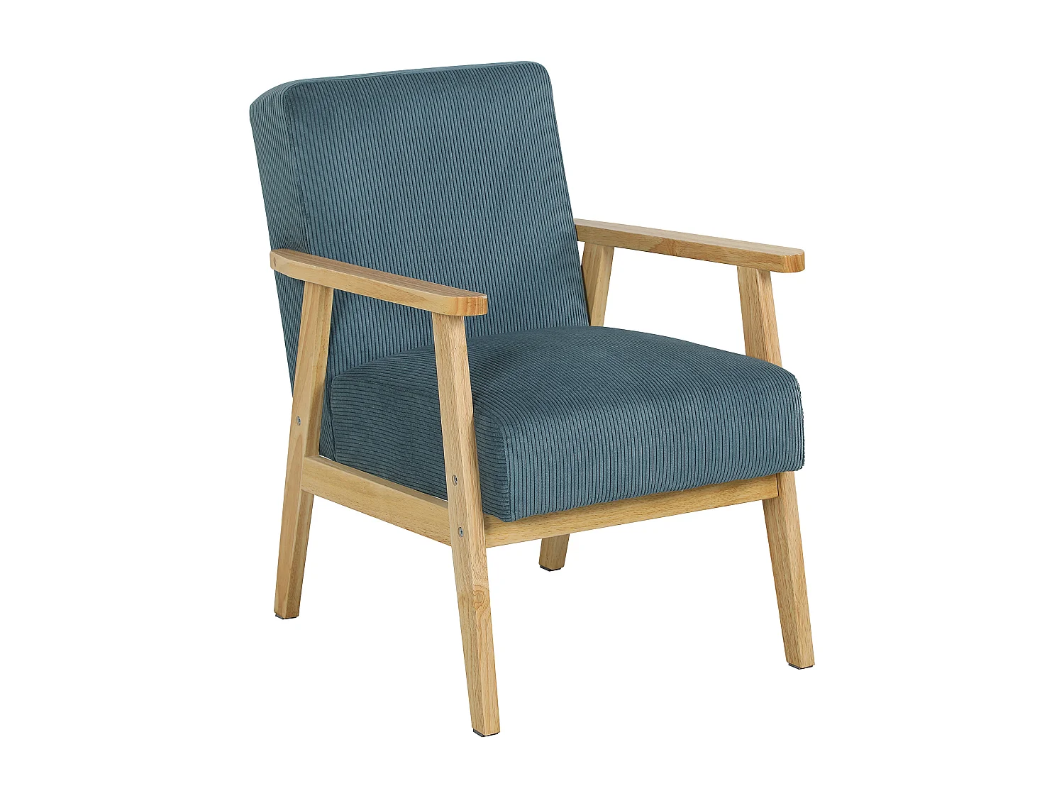 Fauteuil lounge style nordique piètement structure accoudoirs bois hévéa velours côtelé bleu