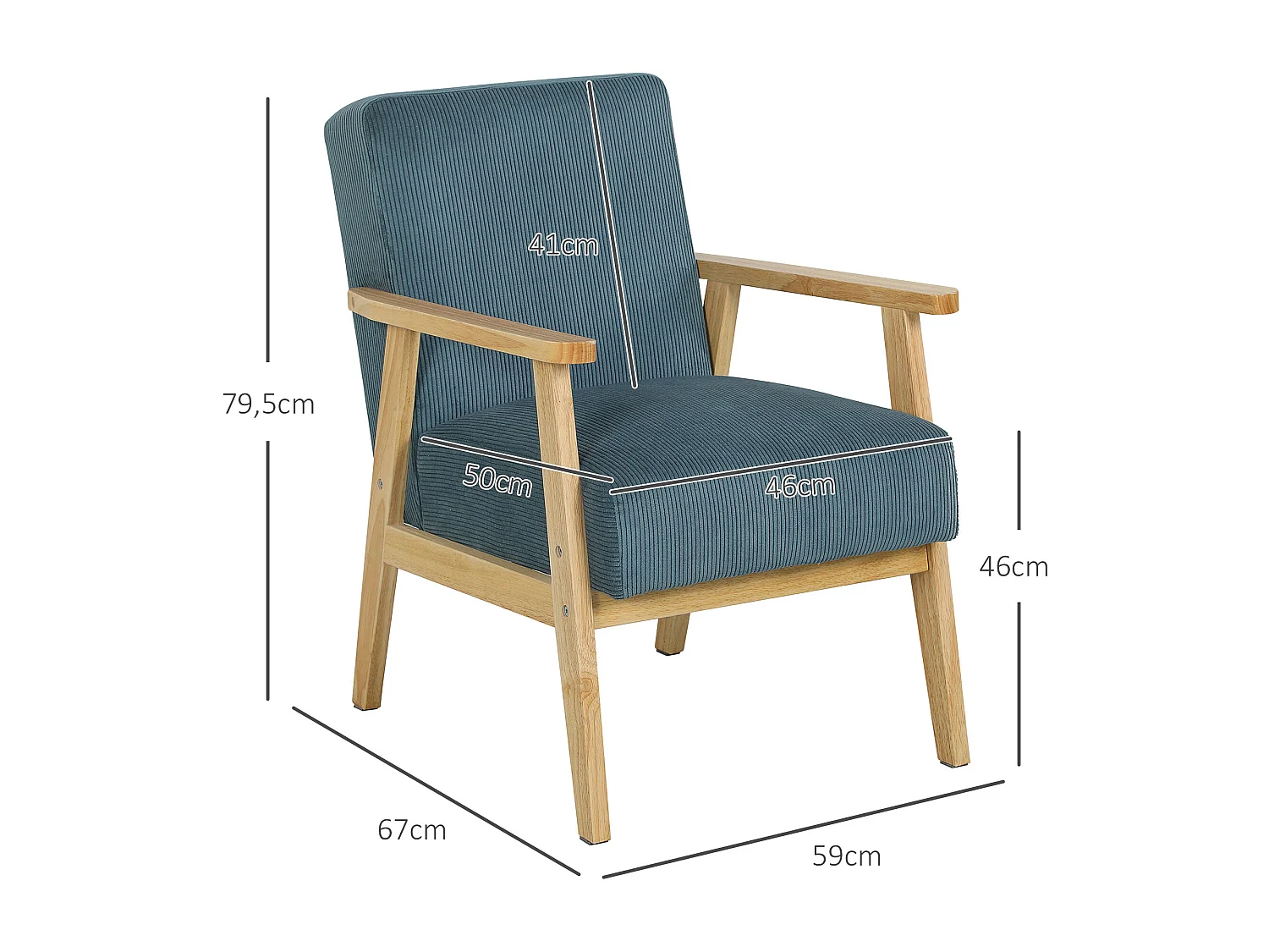 Fauteuil lounge style nordique piètement structure accoudoirs bois hévéa velours côtelé bleu