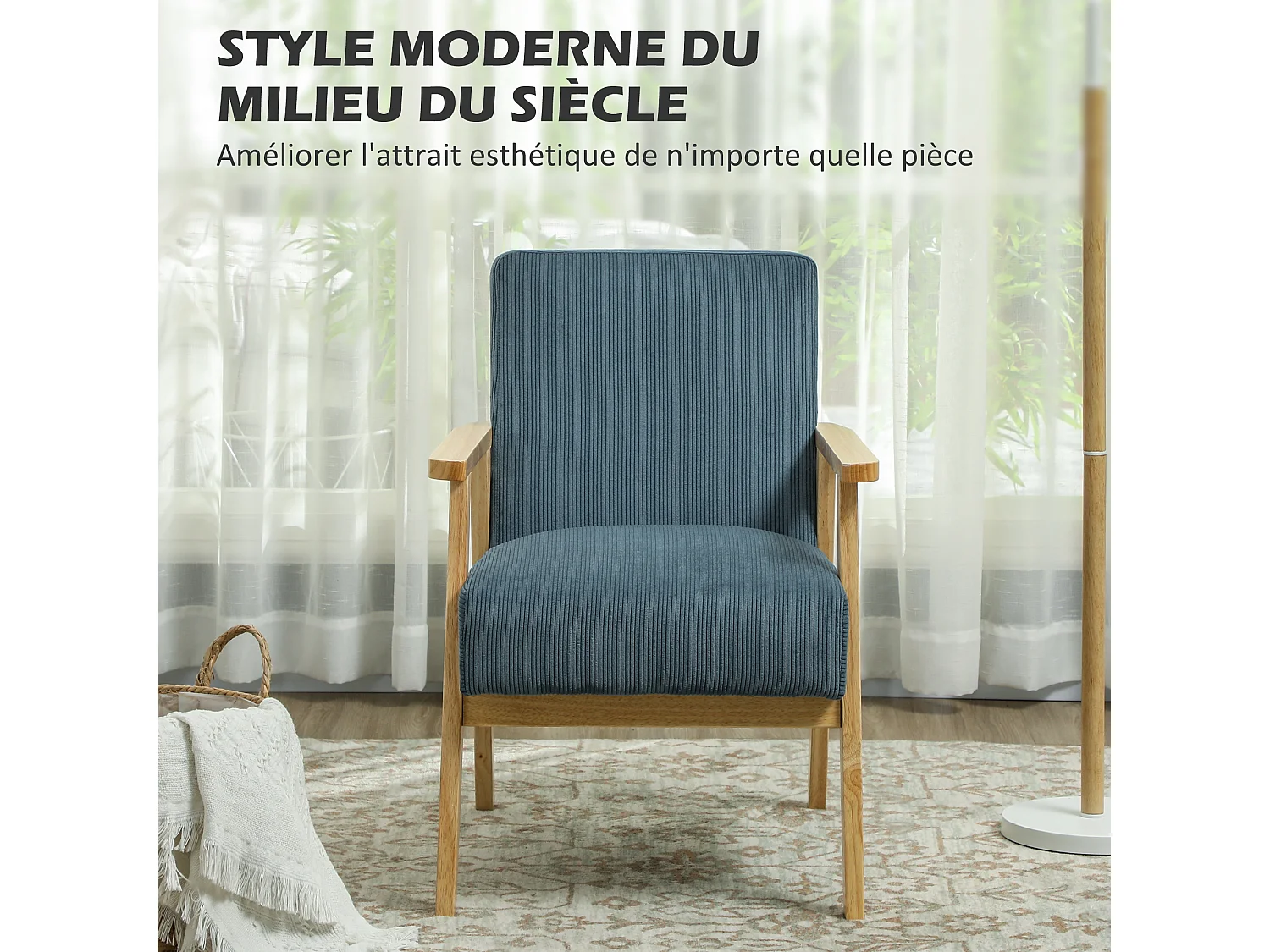 Fauteuil lounge style nordique piètement structure accoudoirs bois hévéa velours côtelé bleu