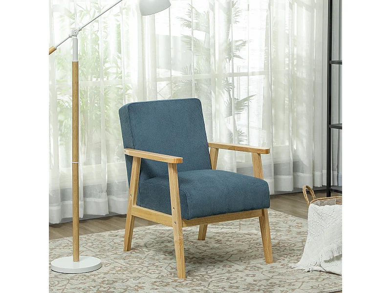 Fauteuil lounge style nordique piètement structure accoudoirs bois hévéa velours côtelé bleu