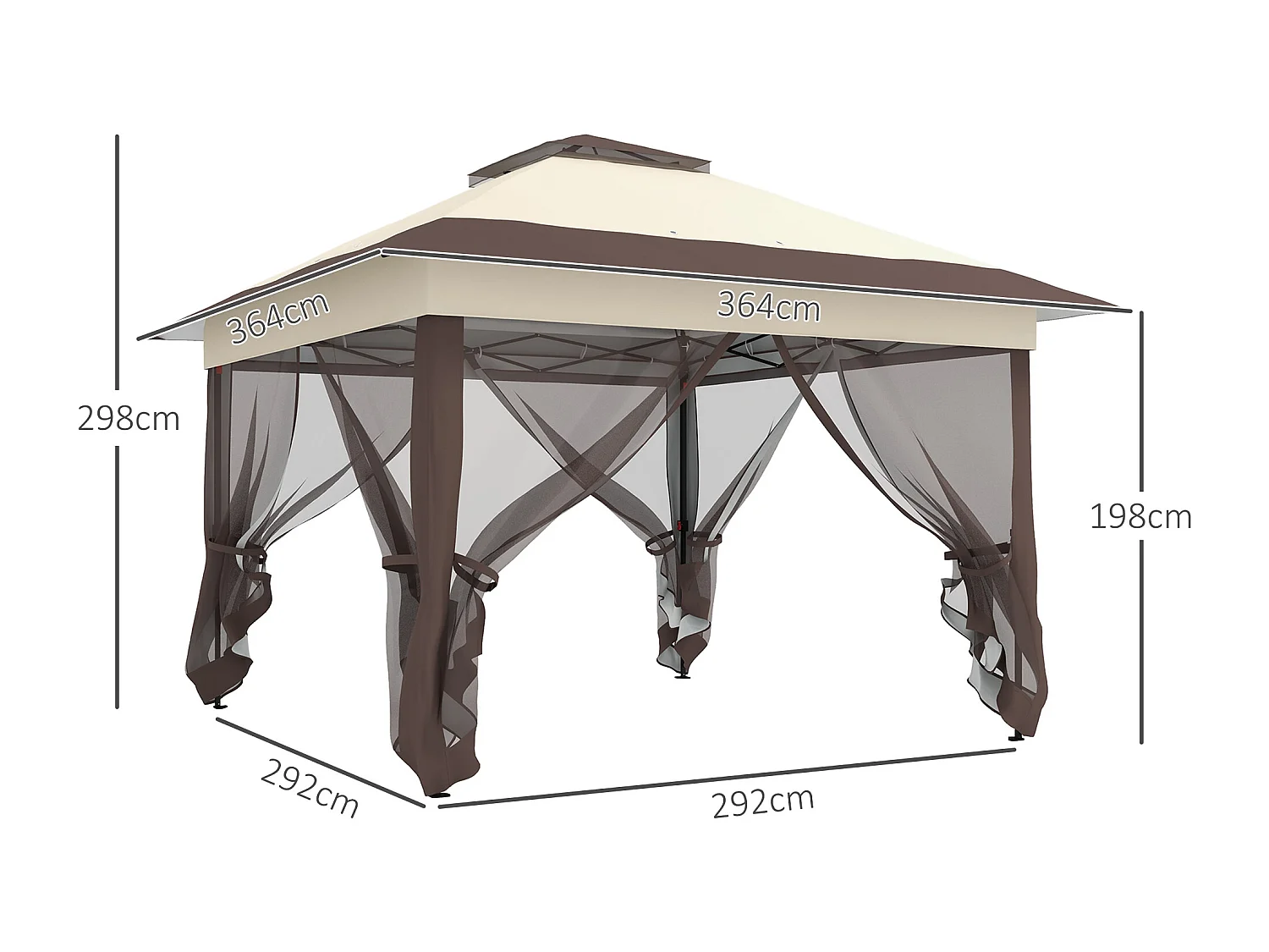 Tonnelle barnum de jardin pop-up pliant 3,64L x 3,64l x 2,98H m acier polyester moustiquaires + sac de transport à roulettes beige marron