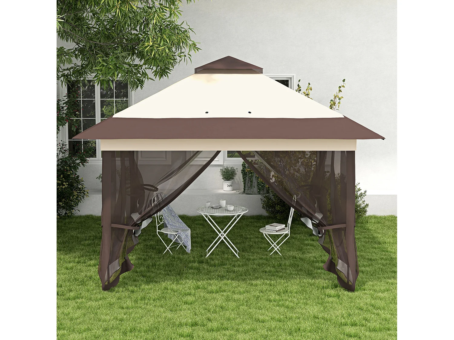 Tonnelle barnum de jardin pop-up pliant 3,64L x 3,64l x 2,98H m acier polyester moustiquaires + sac de transport à roulettes beige marron